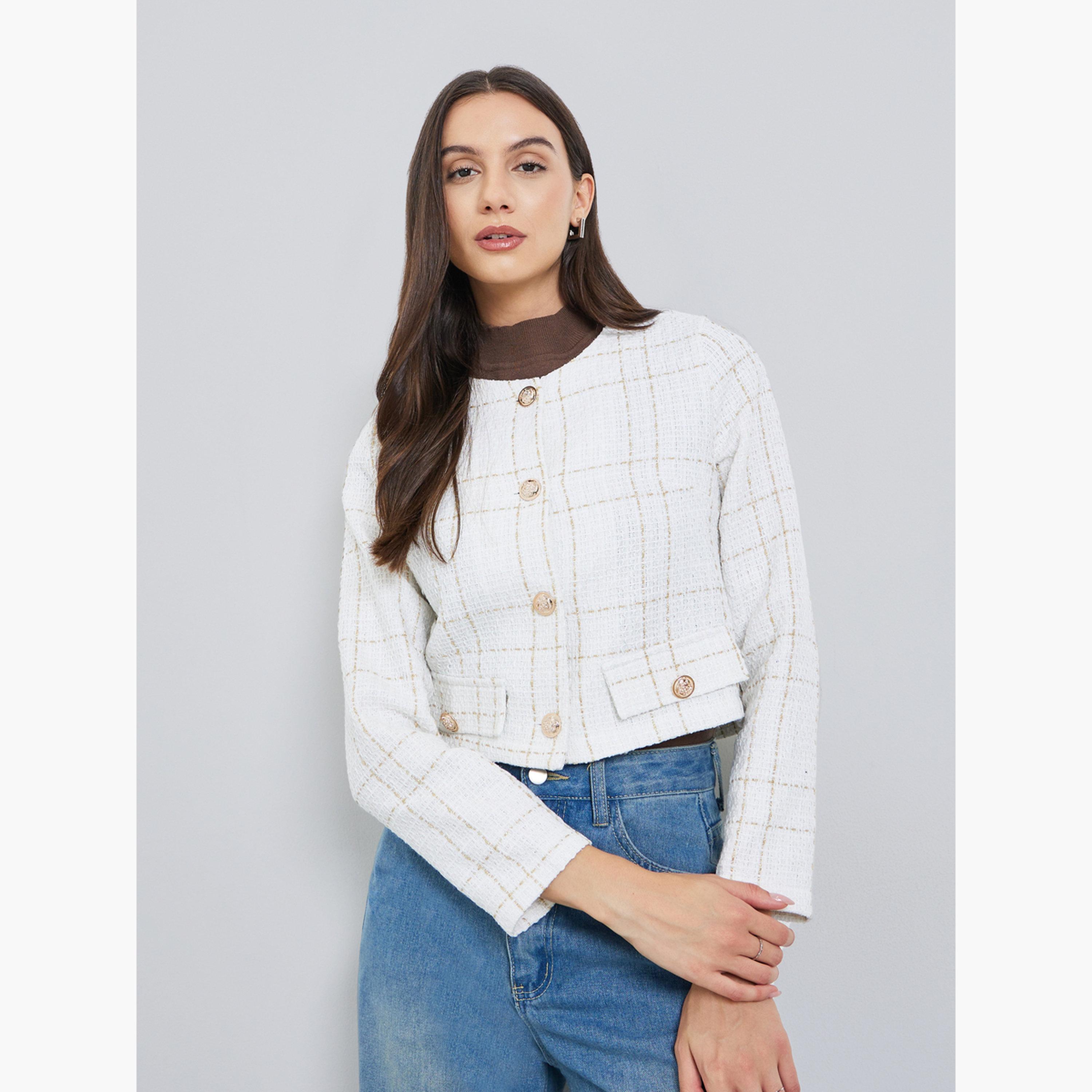 Take Two Checked Round Neck Long Sleeves Women's Buttoned Jacket-women-winterwear-coatsandjackets-jackets-image-3