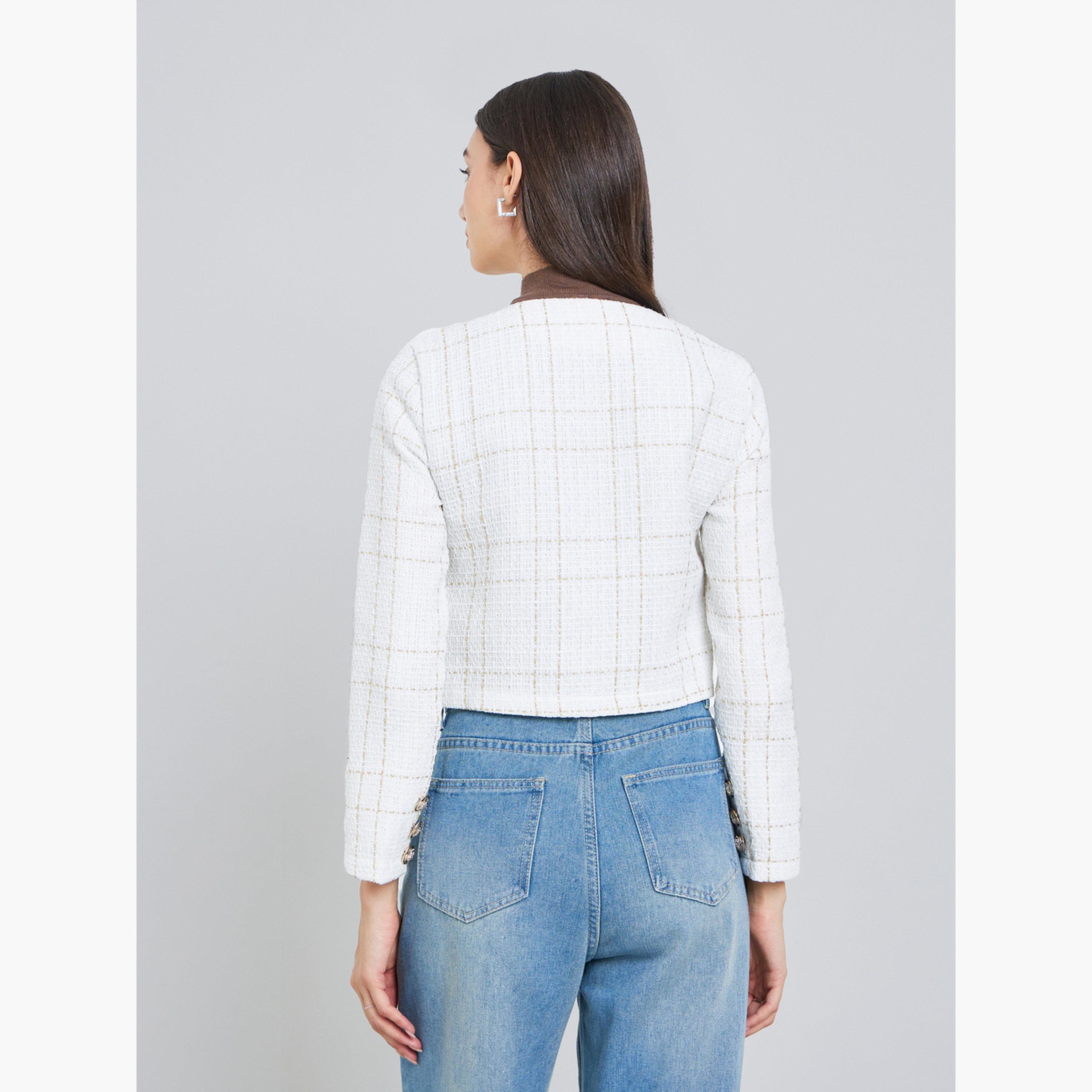 Take Two Checked Round Neck Long Sleeves Women's Buttoned Jacket-women-winterwear-coatsandjackets-jackets-image-4