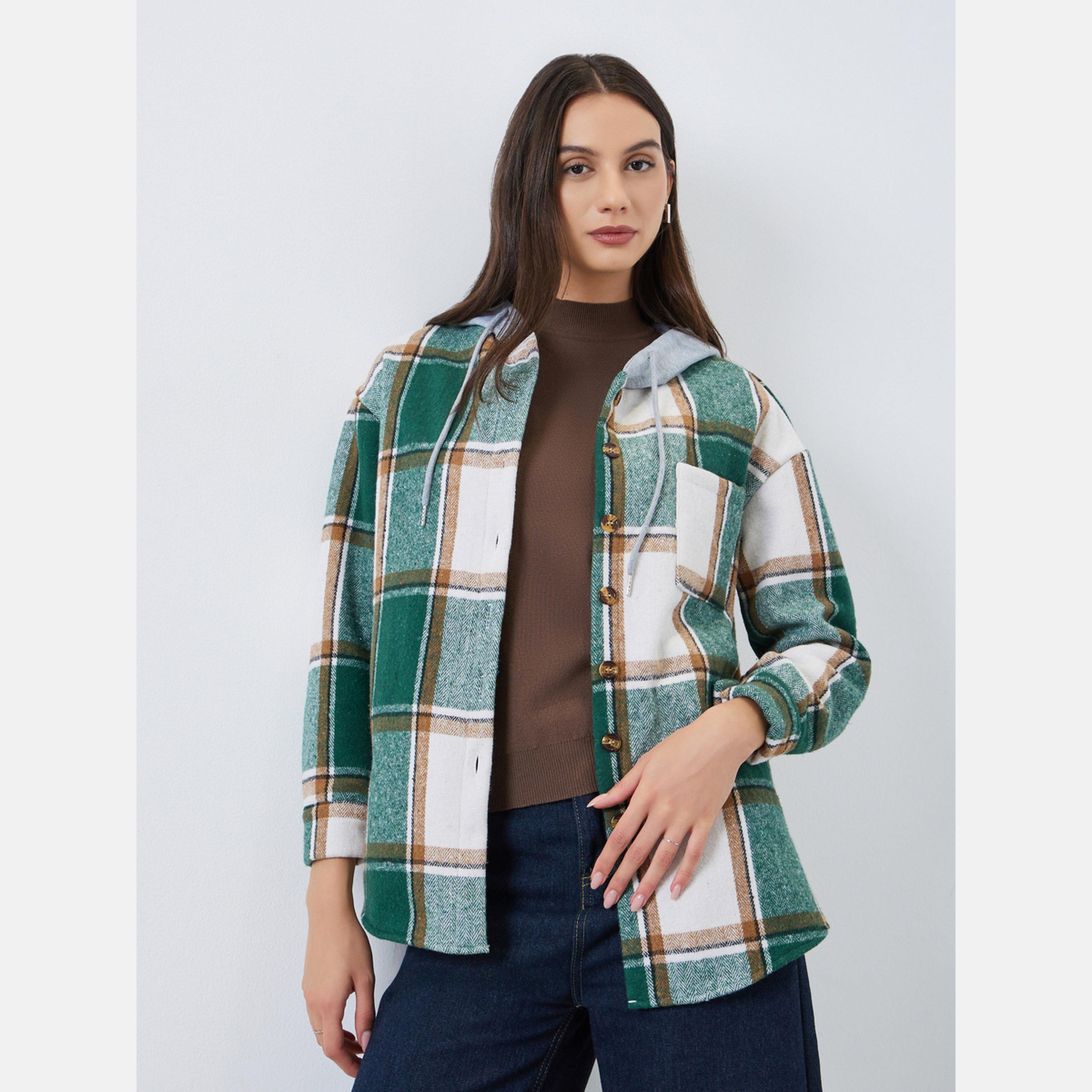 تيك تو - جاكيت نسائي منقوش بأكمام طويلة وياقة وغطاء للرأس وأزرار أمامية-women-winterwear-coatsandjackets-jackets-image-5