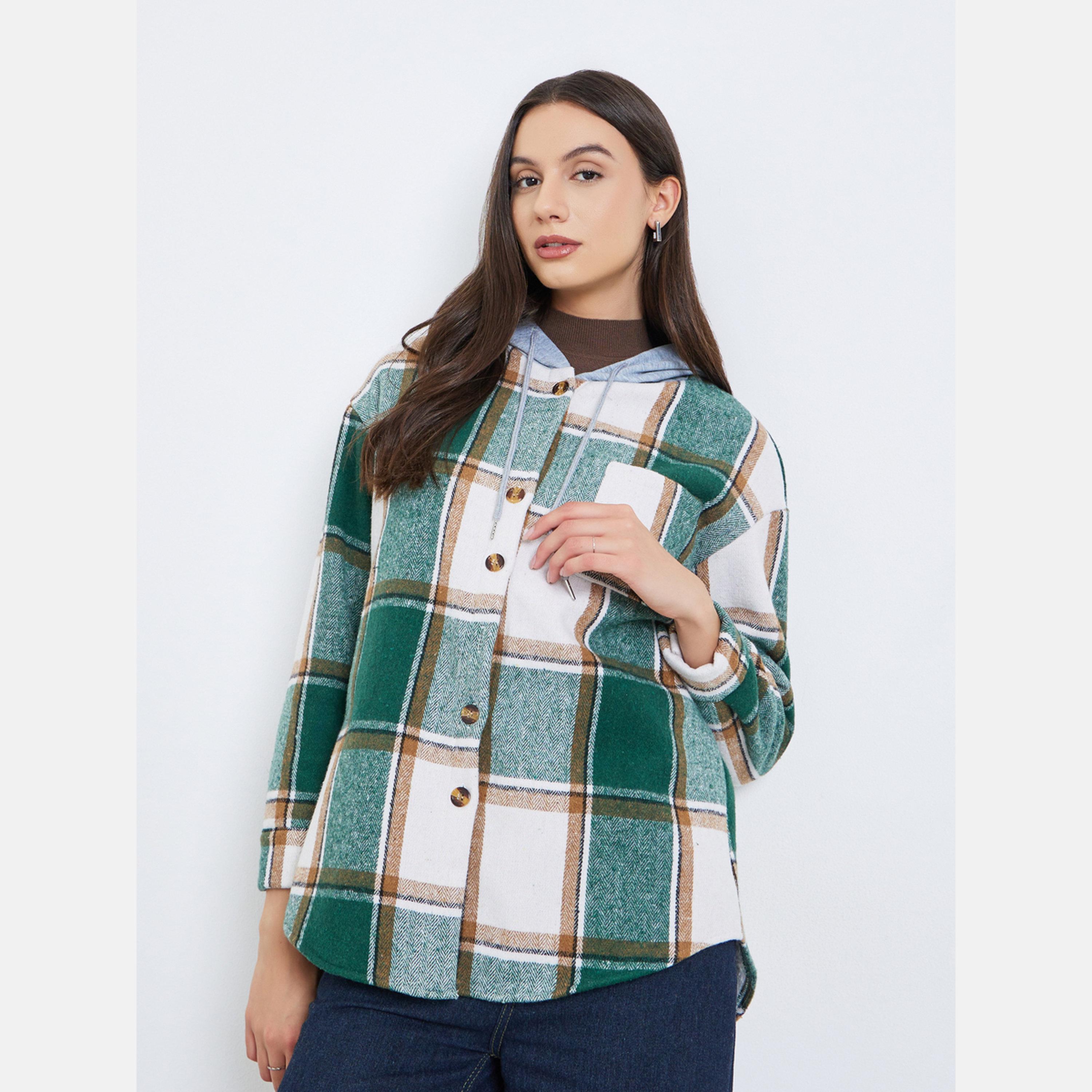 تيك تو - جاكيت نسائي منقوش بأكمام طويلة وياقة وغطاء للرأس وأزرار أمامية-women-winterwear-coatsandjackets-jackets-image-3