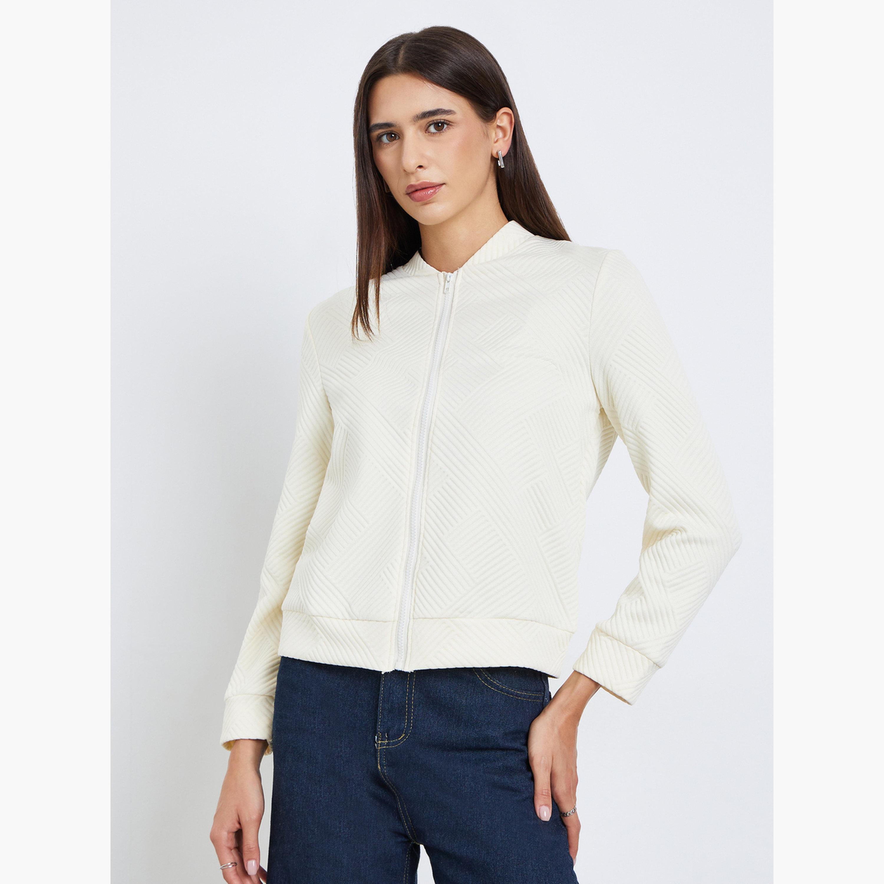 Take Two Textured Round Neck Long Sleeves Women's Zip Up Jacket-women-winterwear-coatsandjackets-jackets-image-3