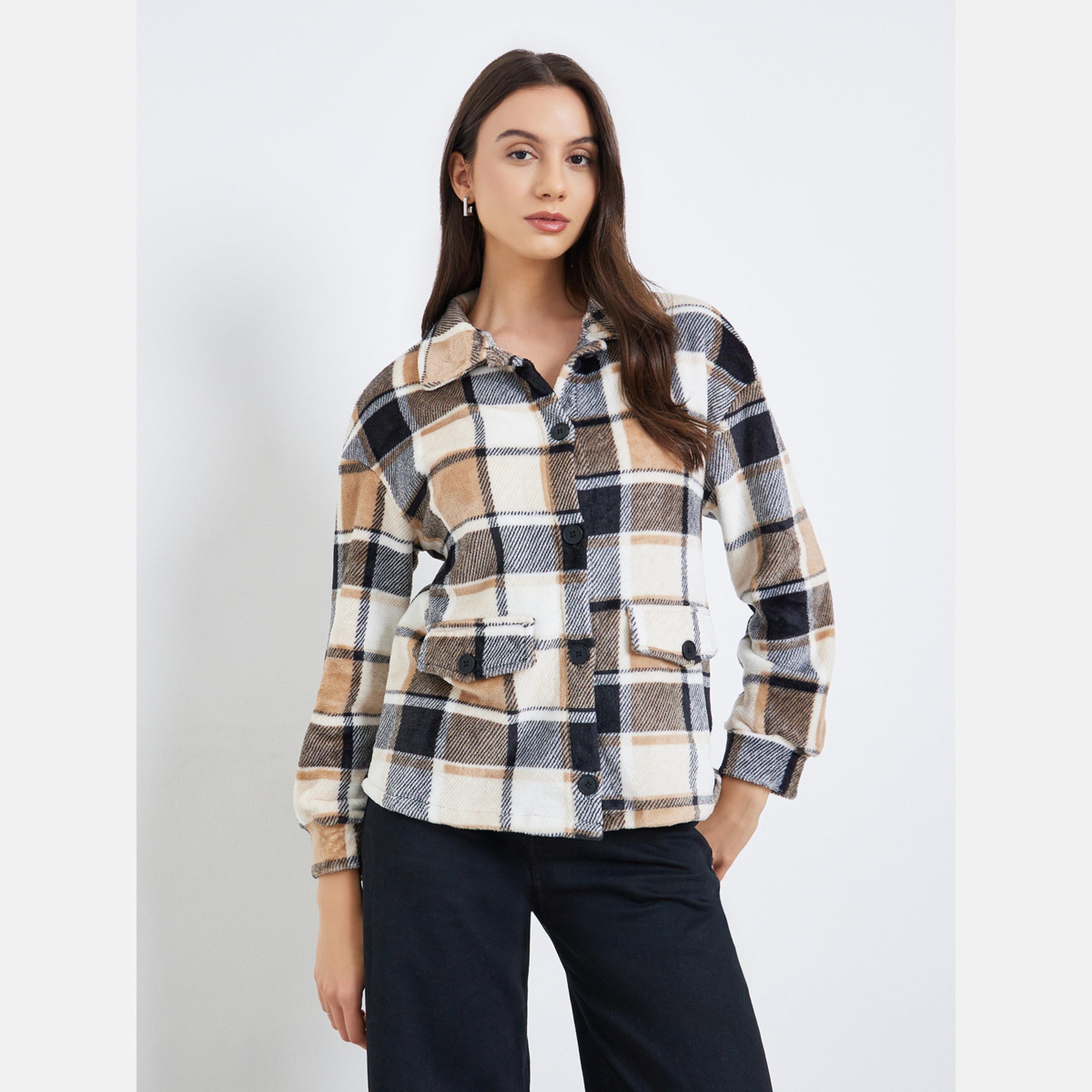 Take Two Checked Lapel Neck Long Sleeve Women's Button Front Coat-women-winterwear-coatsandjackets-jackets-image-1
