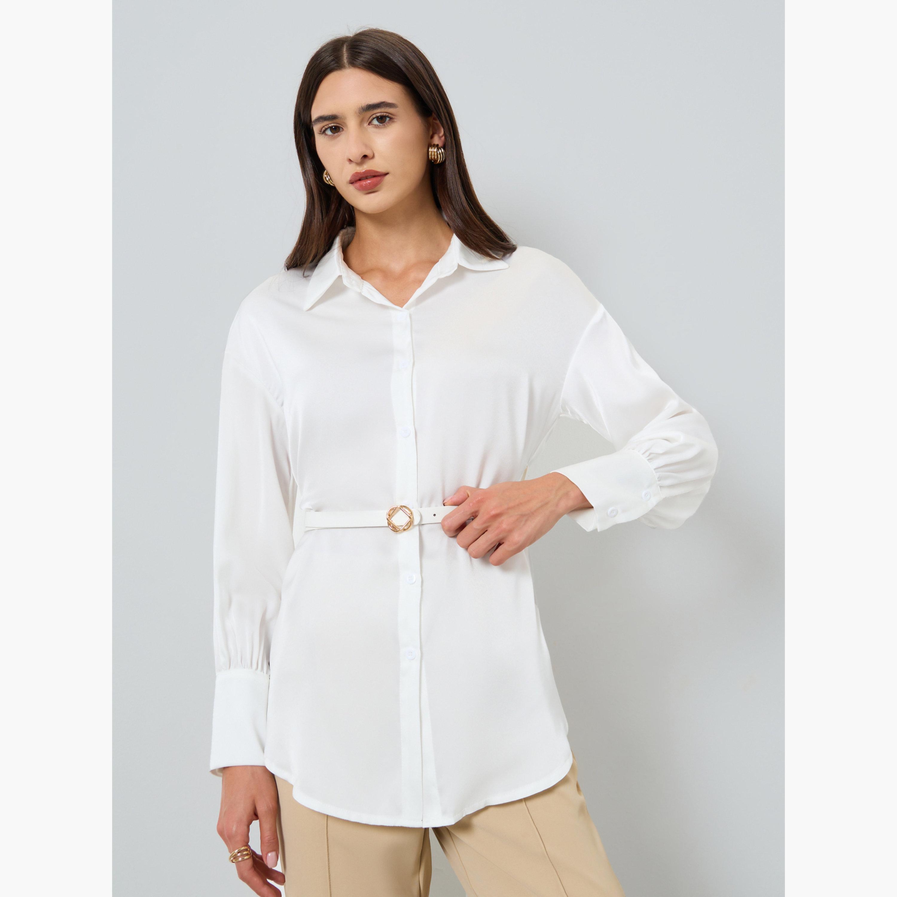 تيك تو - قميص نسائي سادة بأكمام فانوس وحزام-women-clothing-shirtsandblouses-shirts-image-1