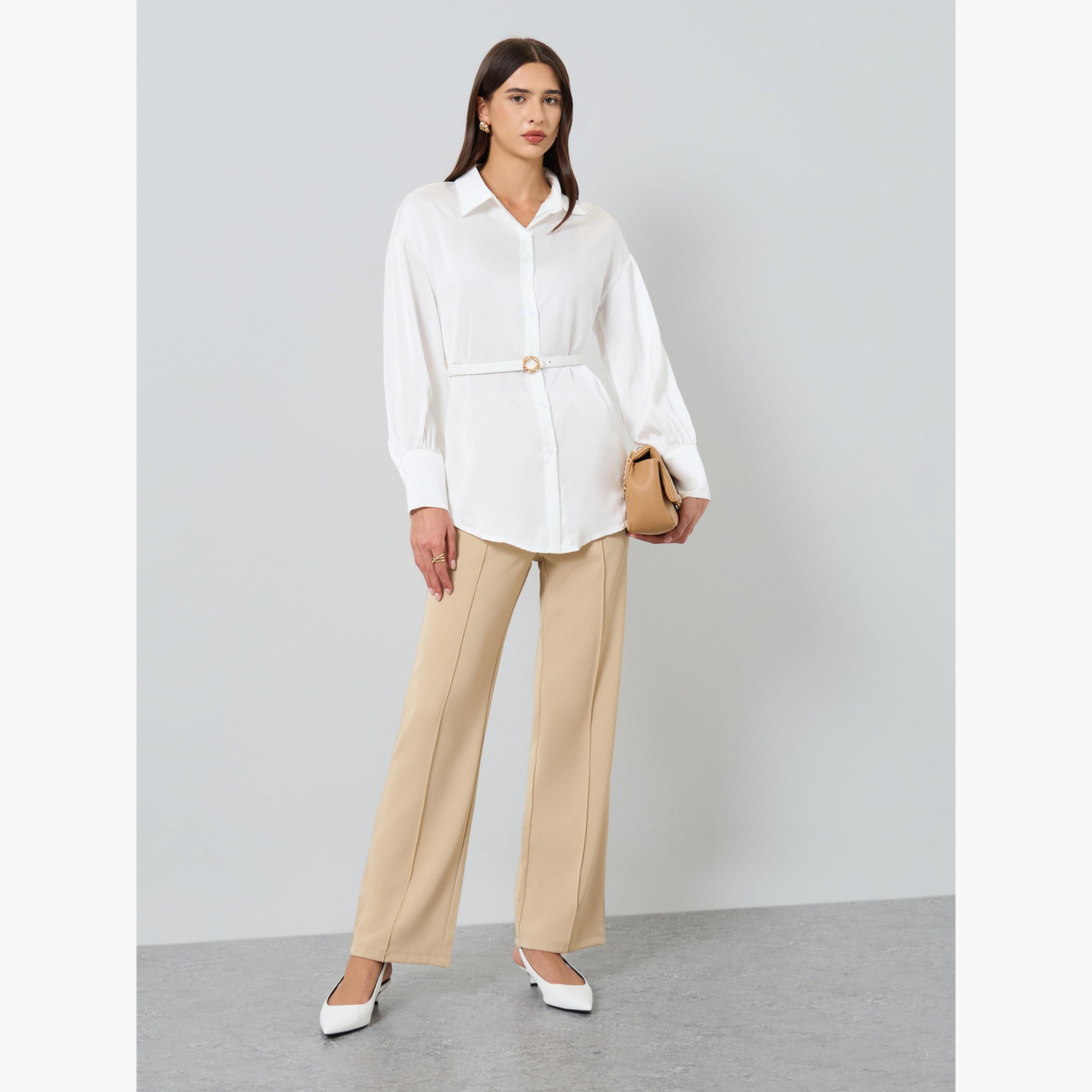 Take Two Women Solid Belted Lantern Sleeve Shirt-women-clothing-shirtsandblouses-shirts-image-2