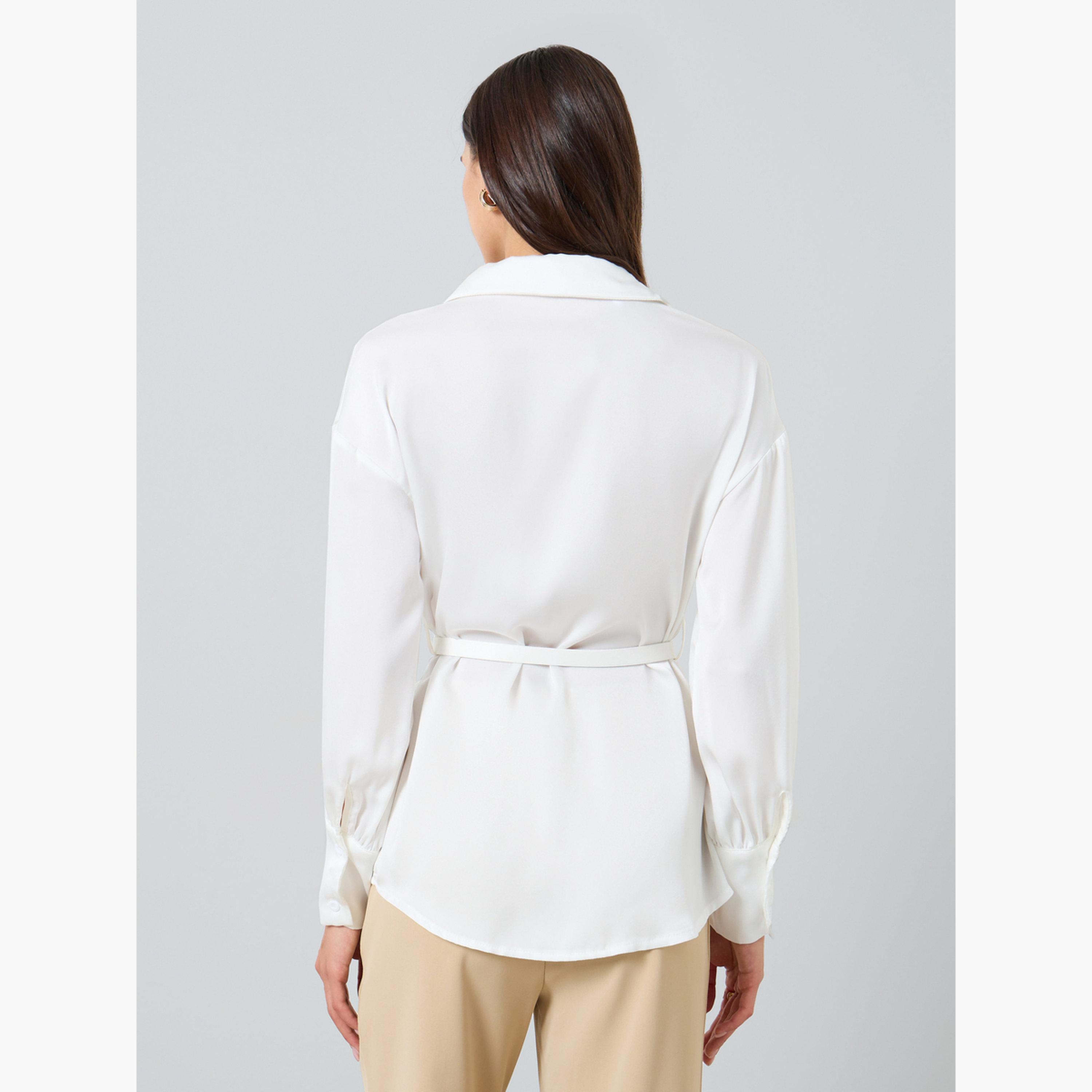 تيك تو - قميص نسائي سادة بأكمام فانوس وحزام-women-clothing-shirtsandblouses-shirts-image-3