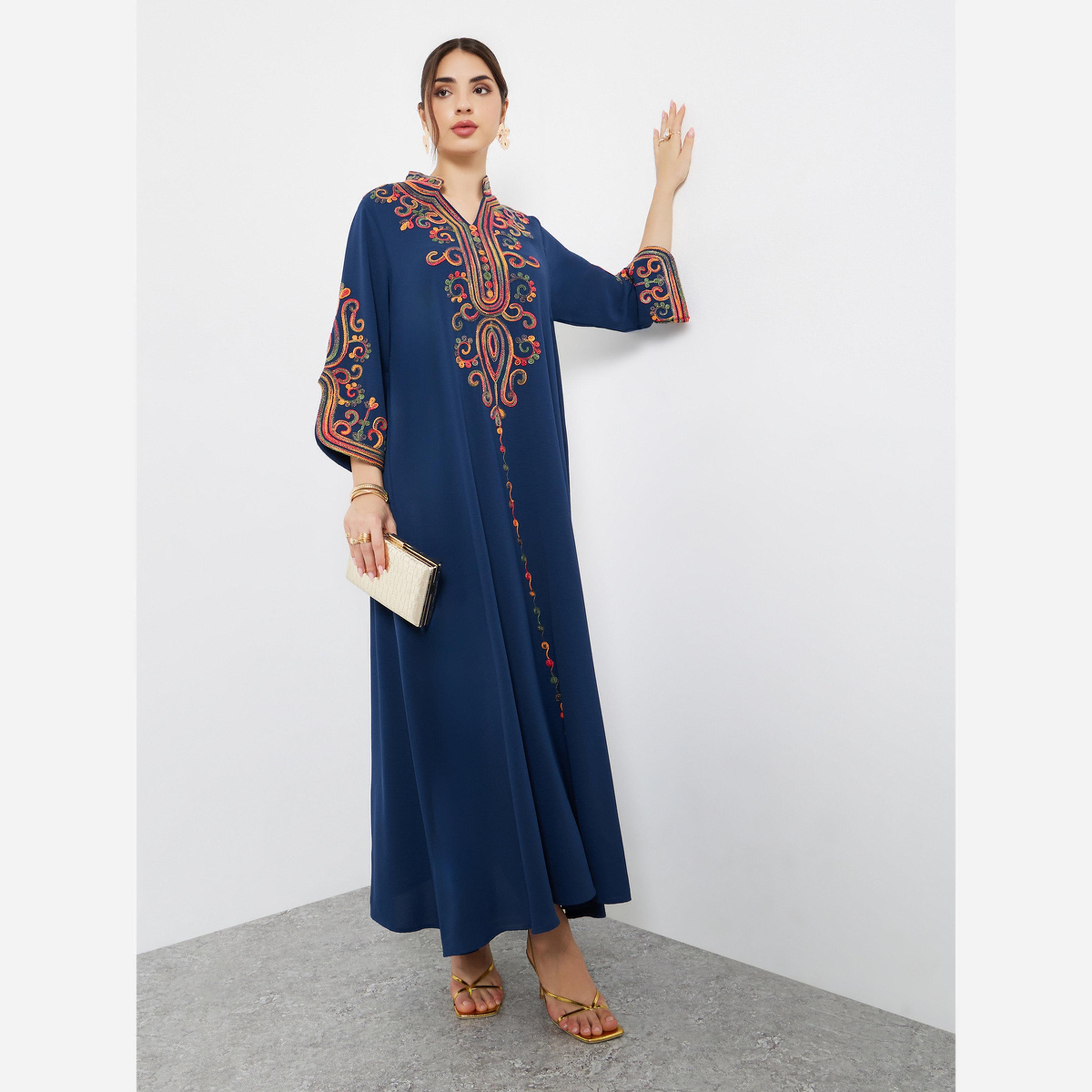 Amirah X Styli Navy Blue Embroidered Slit Sleeve Jalabiya-women-arabicclothing-jalabiyas-image-1