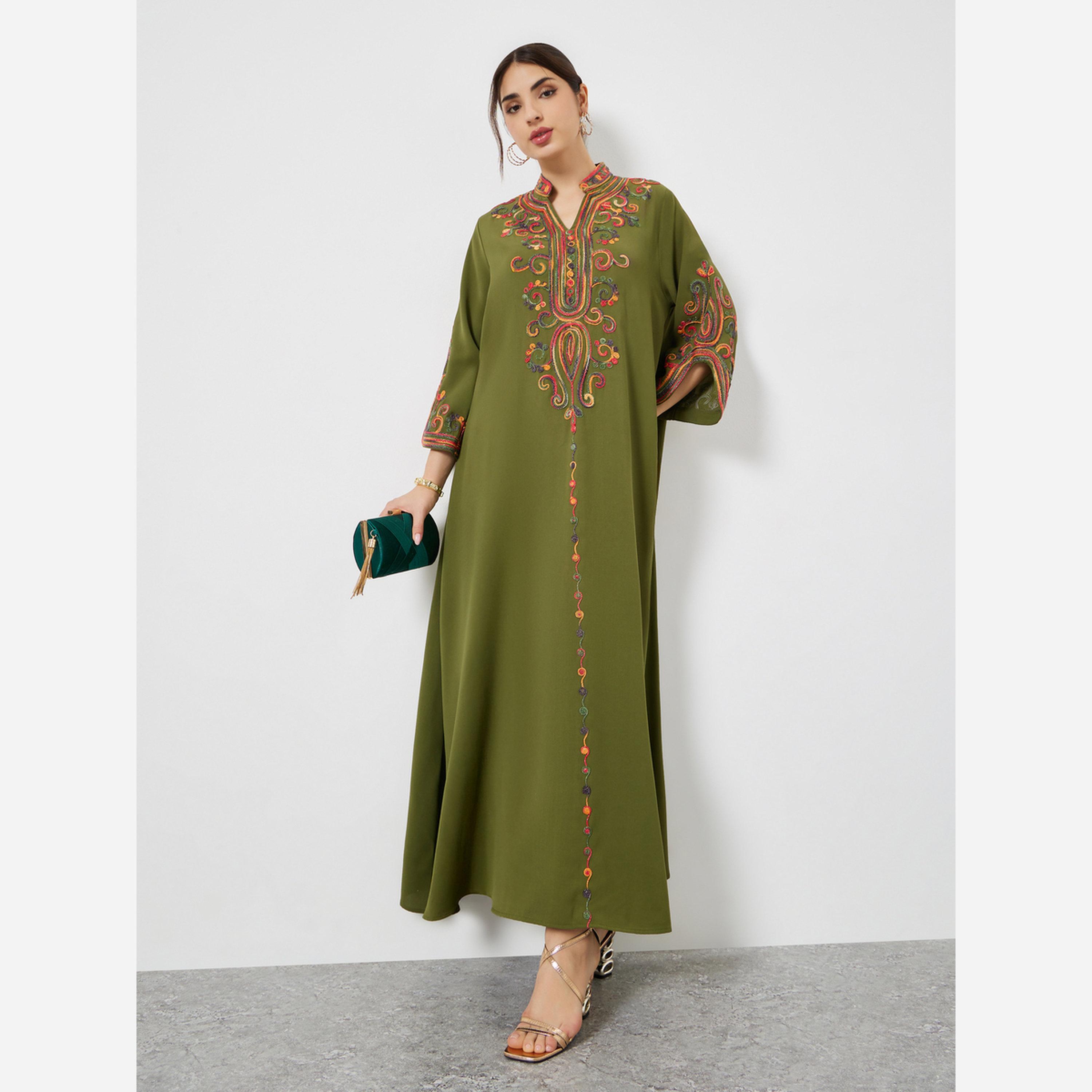 Styli Olive Embroidered Slit Sleeve Jalabiya-women-arabicclothing-jalabiyas-image-1