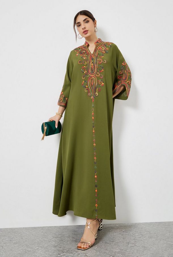 Styli Olive Embroidered Slit Sleeve Jalabiya-women-image-1