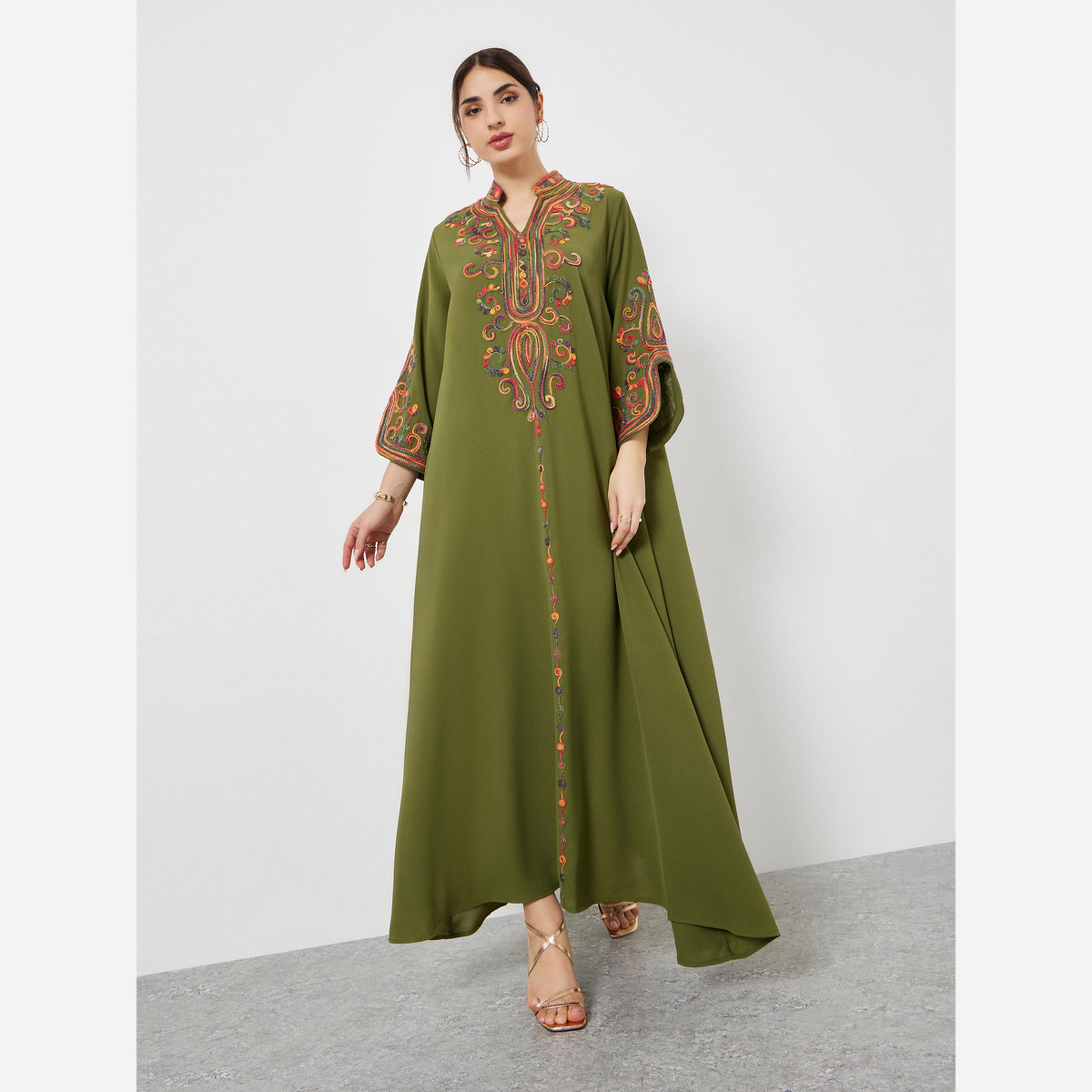 Styli Olive Embroidered Slit Sleeve Jalabiya-women-arabicclothing-jalabiyas-image-2