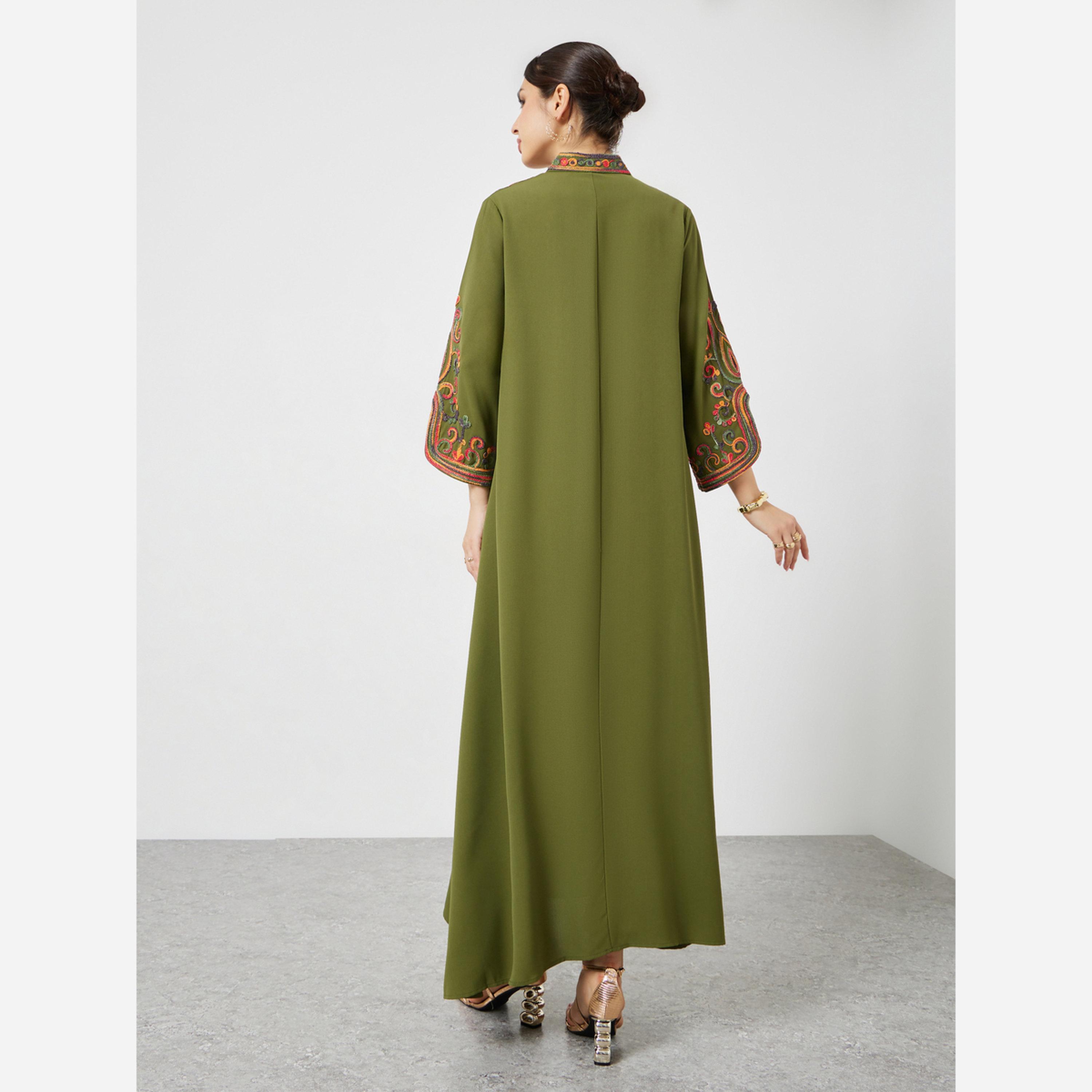 Styli Olive Embroidered Slit Sleeve Jalabiya-women-arabicclothing-jalabiyas-image-3