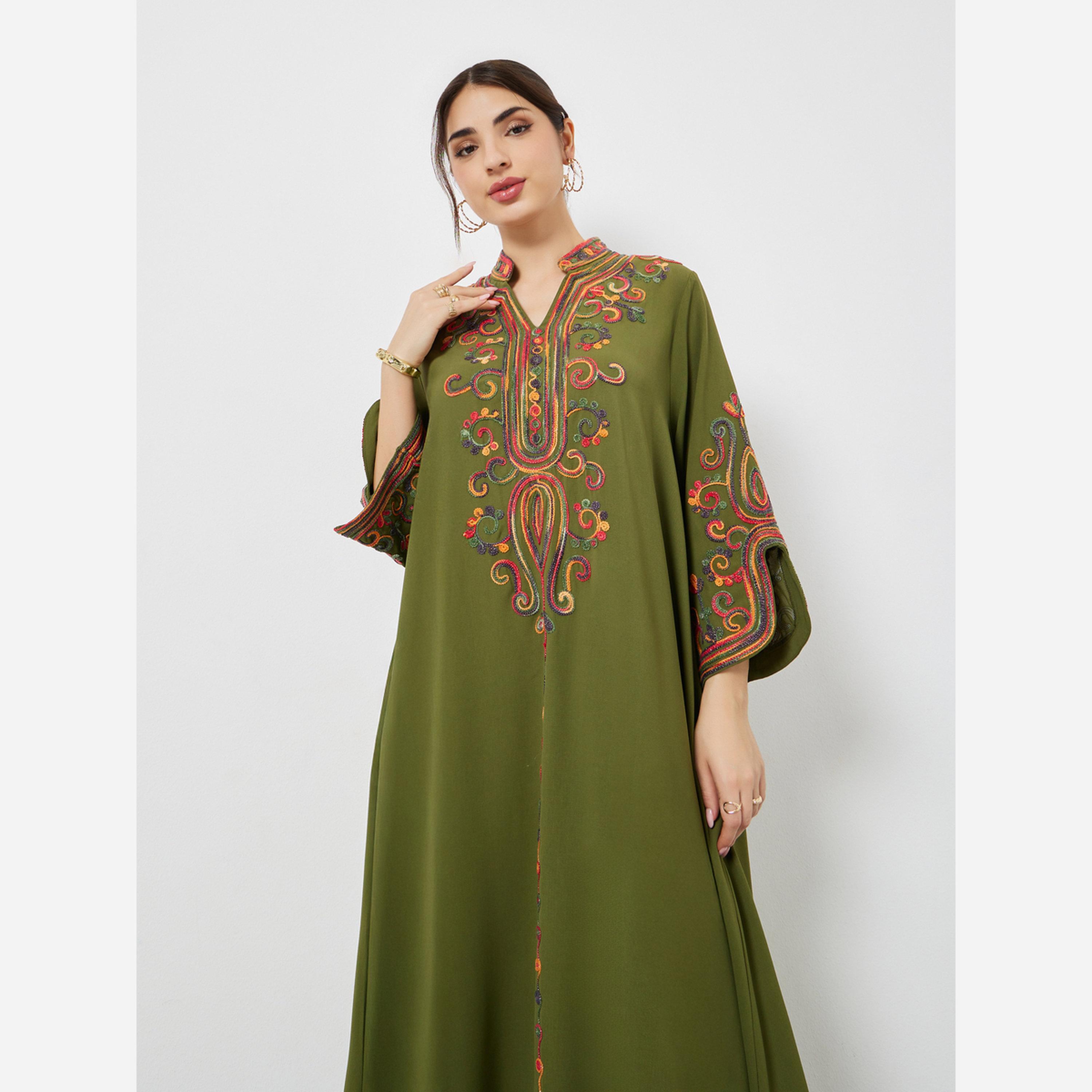 Styli Olive Embroidered Slit Sleeve Jalabiya-women-arabicclothing-jalabiyas-image-4