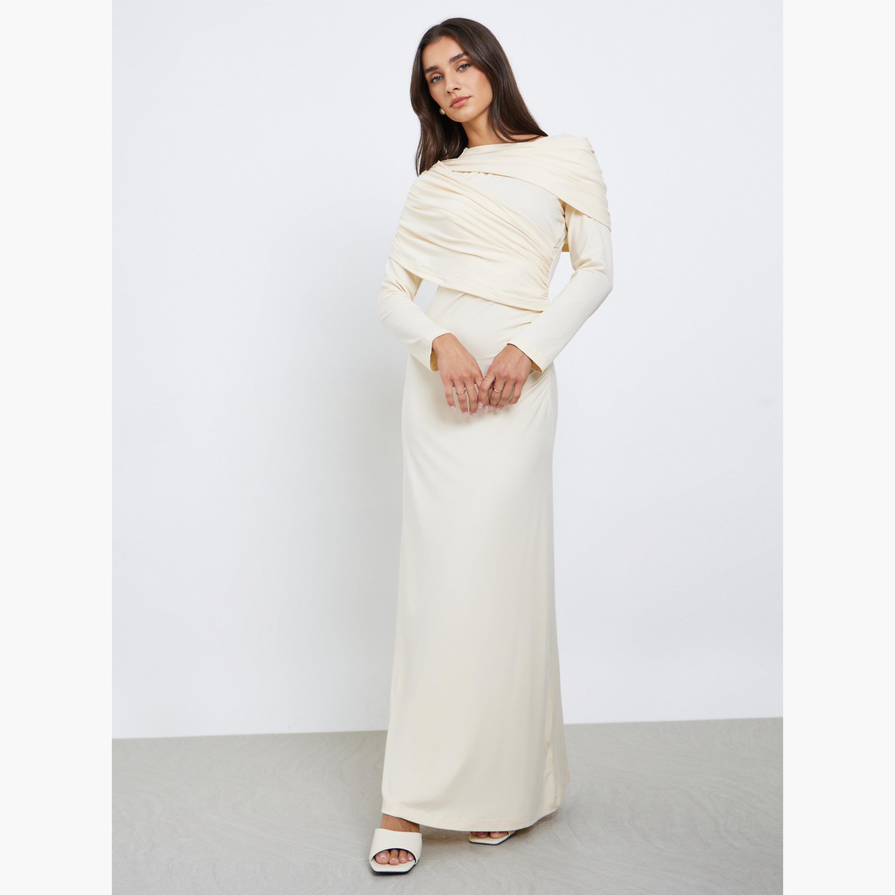 ستايلي - فستان سهرة ماكسي كريمي مع تفاصيل درابزين للنساء-women-clothing-dresses-image-1