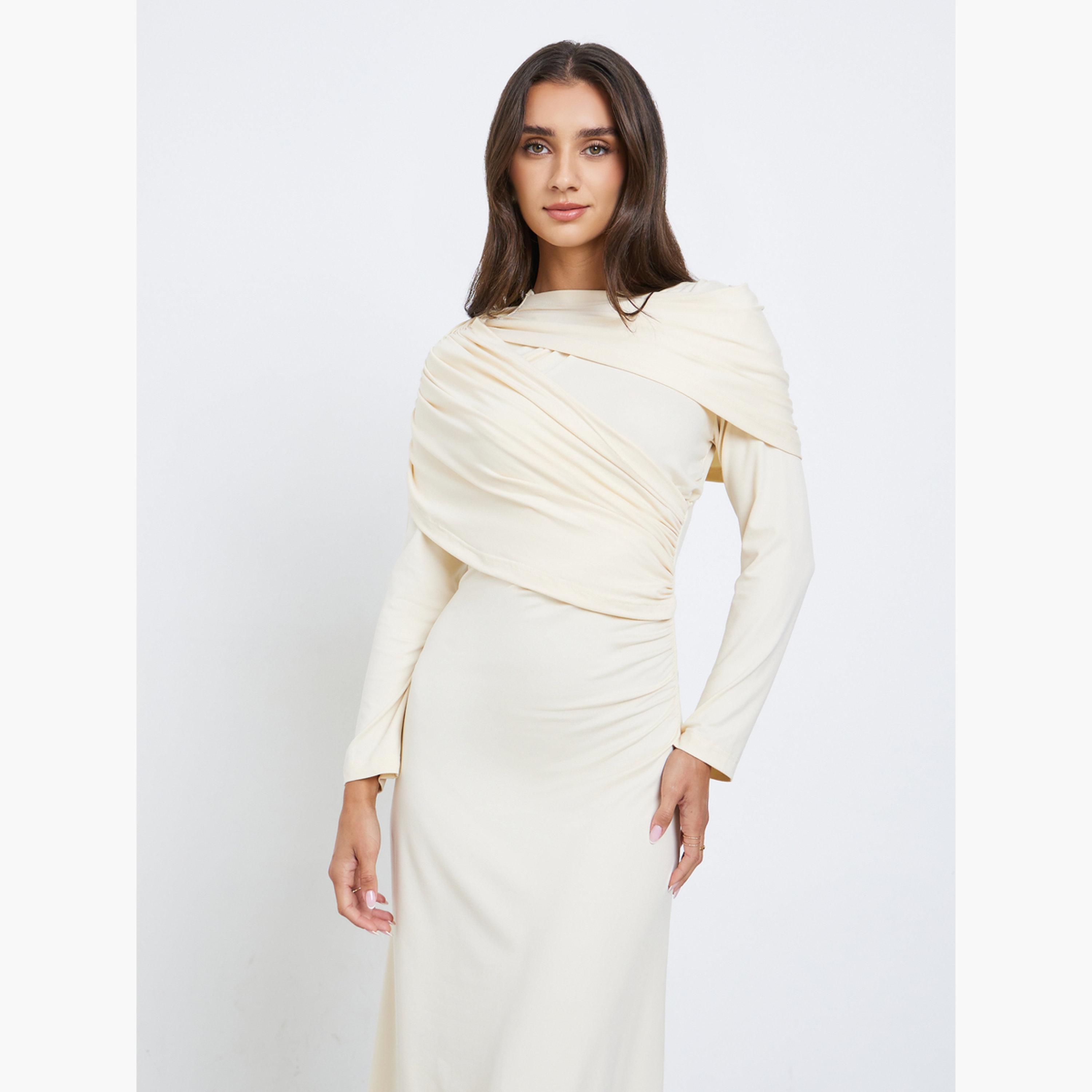 ستايلي - فستان سهرة ماكسي كريمي مع تفاصيل درابزين للنساء-women-clothing-dresses-image-2