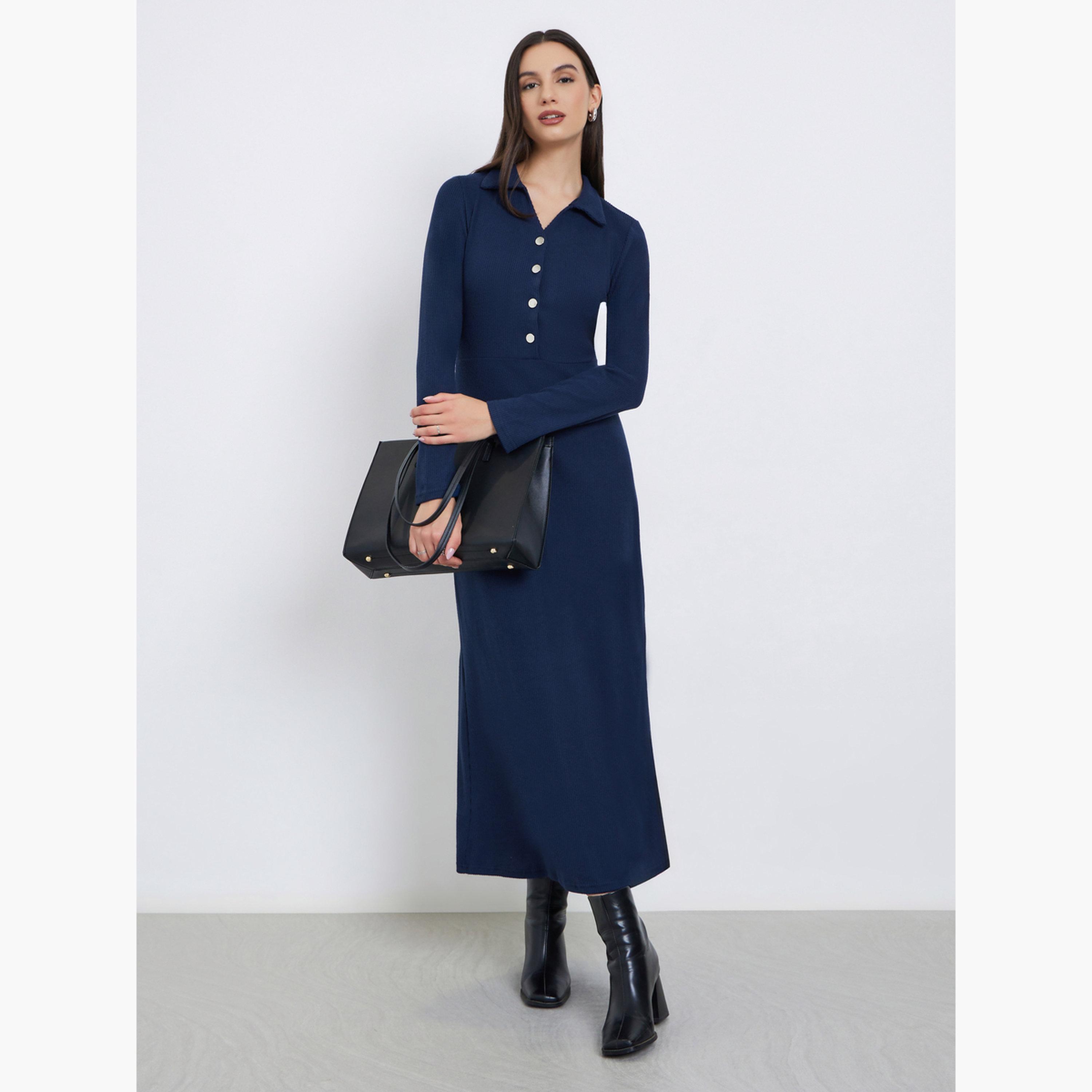 ستايلي - فستان ماكسي أزرق داكن بياقة مفتوحة ومضلع للنساء-women-clothing-dresses-image-1