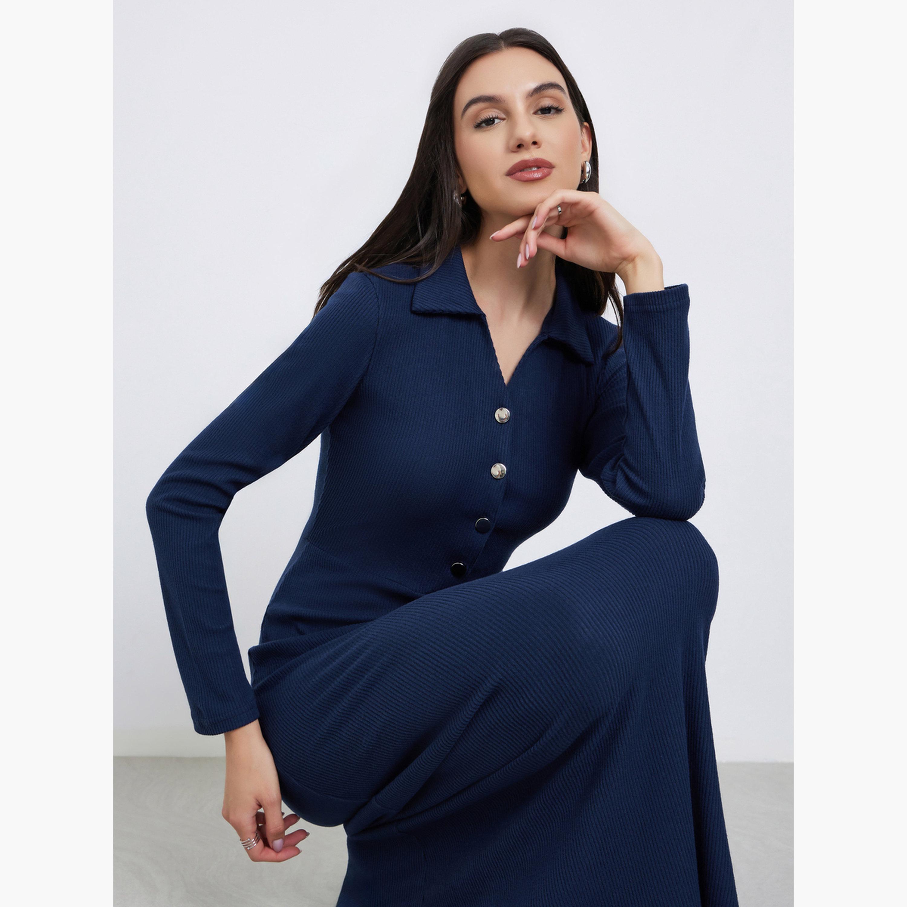 ستايلي - فستان ماكسي أزرق داكن بياقة مفتوحة ومضلع للنساء-women-clothing-dresses-image-2