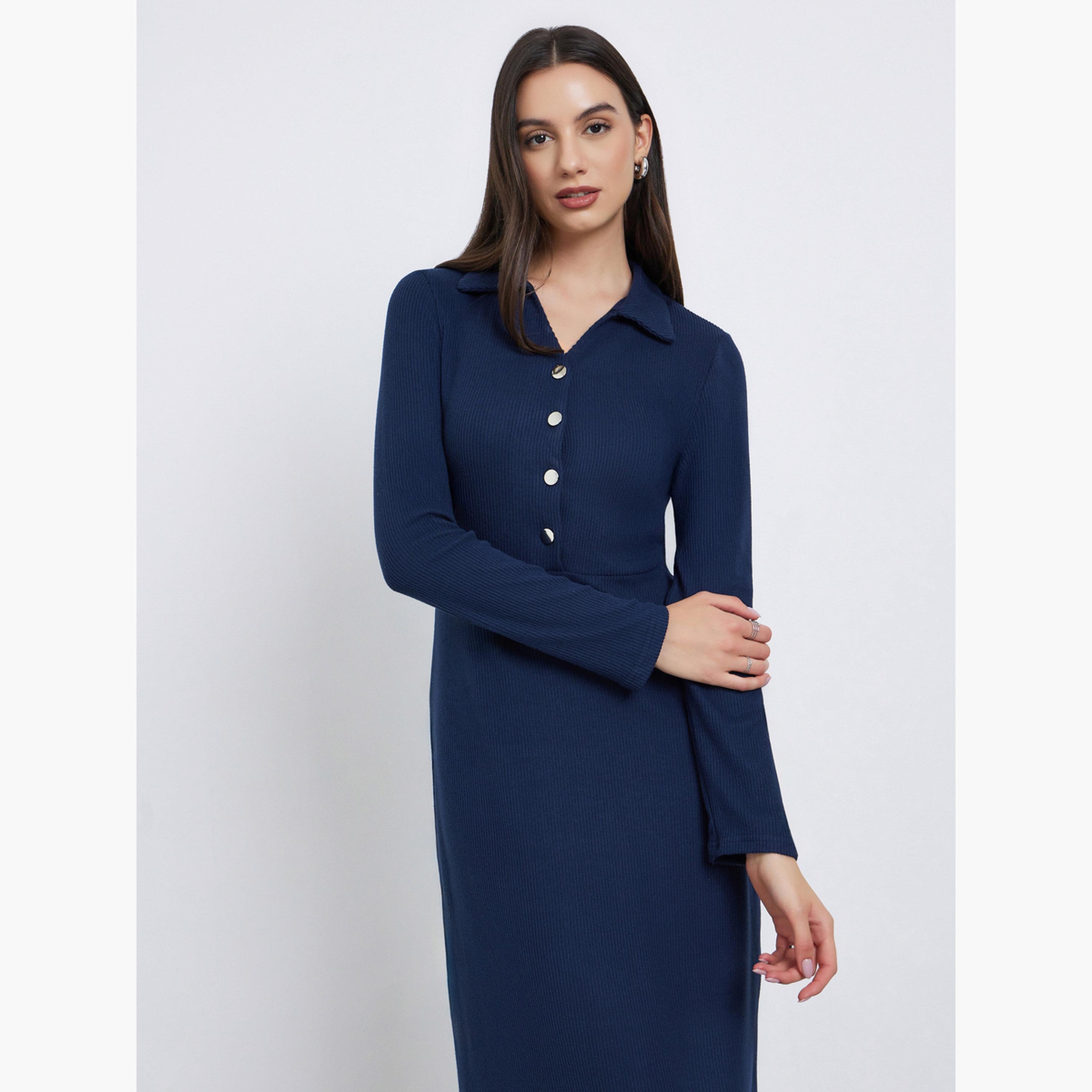 ستايلي - فستان ماكسي أزرق داكن بياقة مفتوحة ومضلع للنساء-women-clothing-dresses-image-3