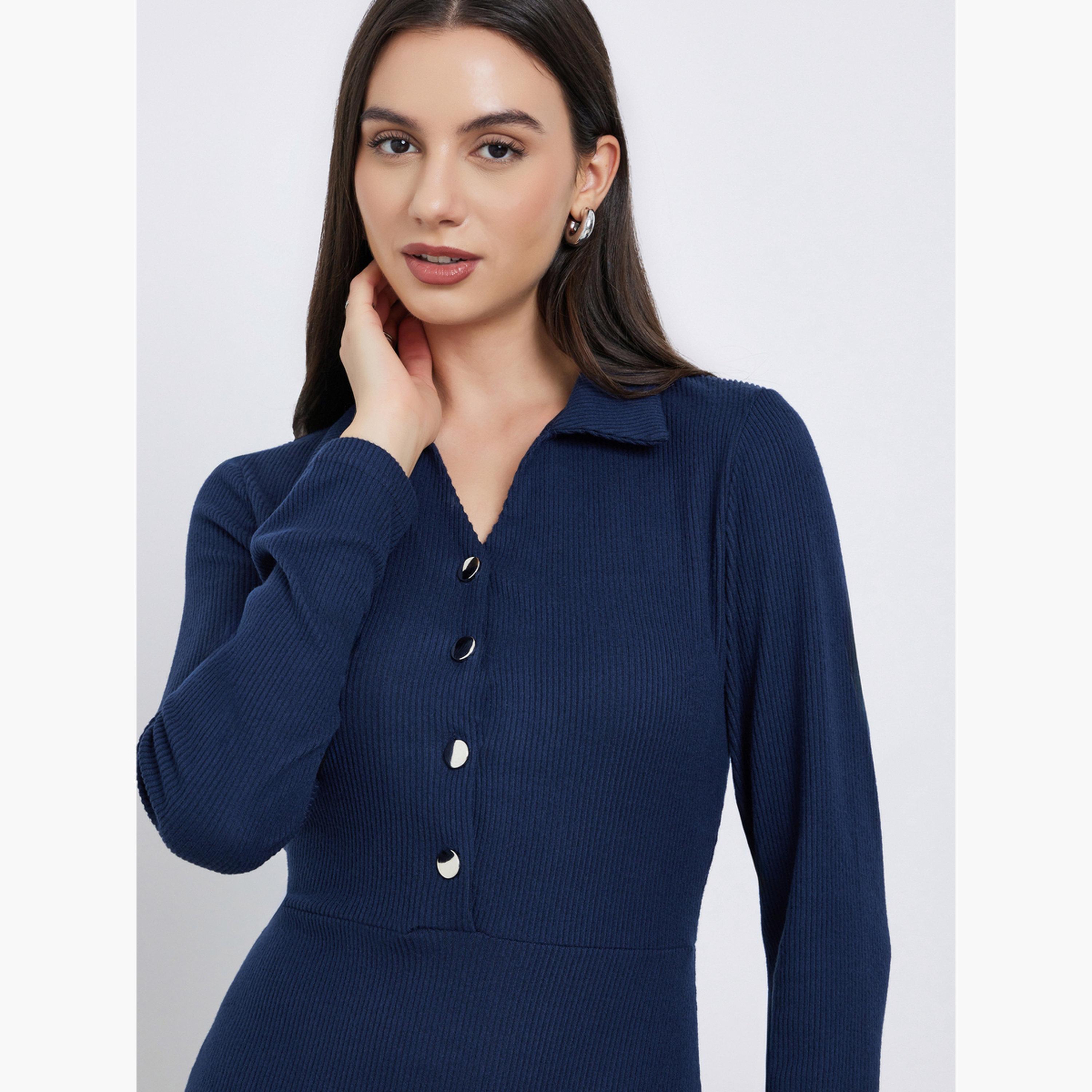 ستايلي - فستان ماكسي أزرق داكن بياقة مفتوحة ومضلع للنساء-women-clothing-dresses-image-4