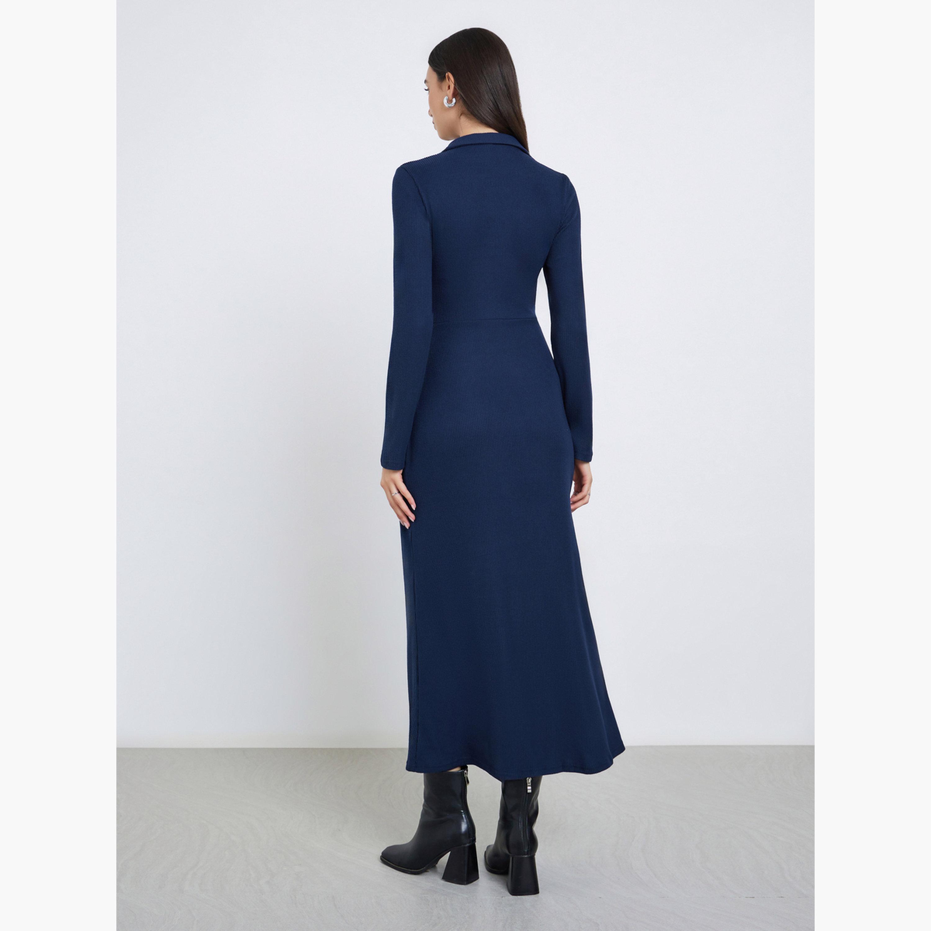 ستايلي - فستان ماكسي أزرق داكن بياقة مفتوحة ومضلع للنساء-women-clothing-dresses-image-5