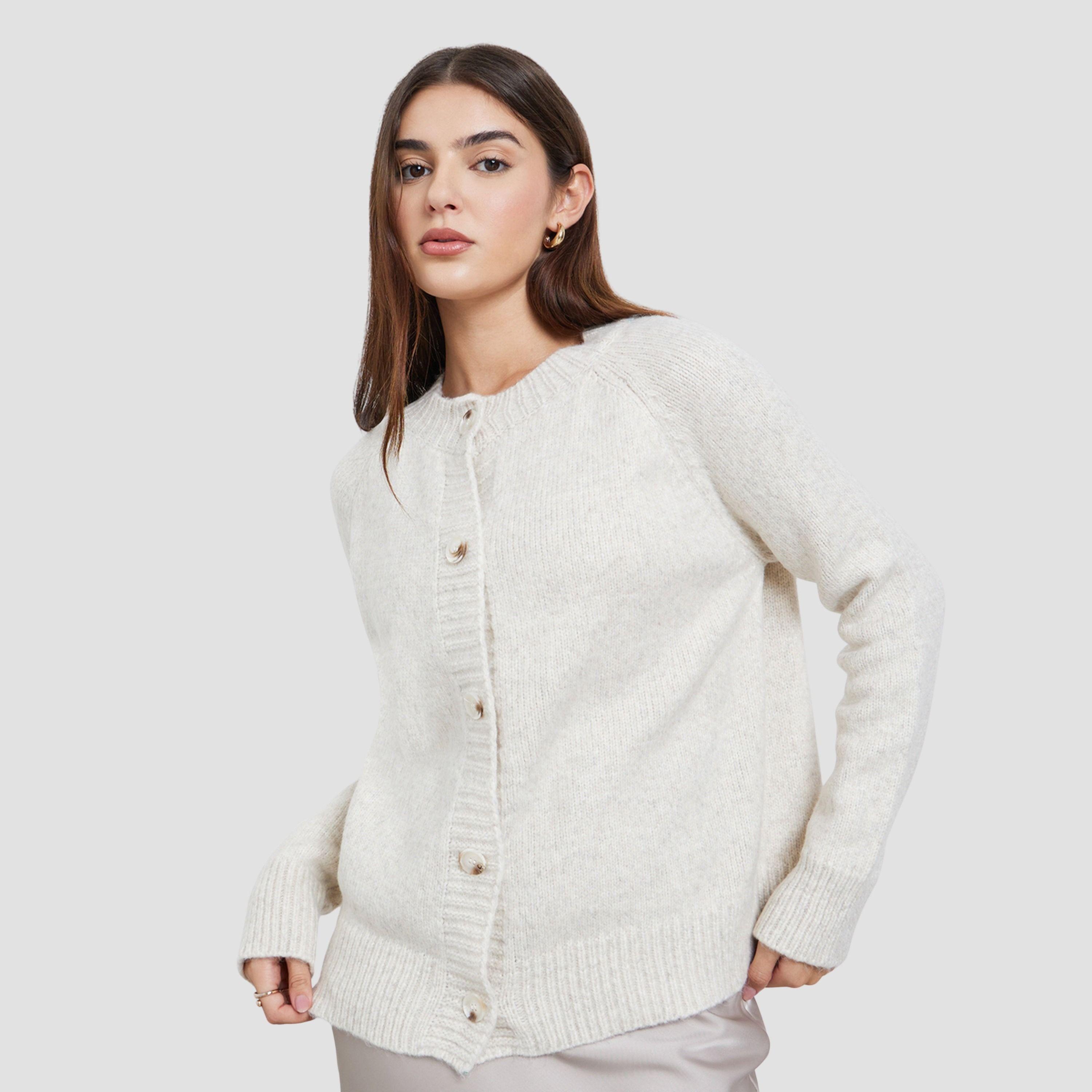 Styli Off White Textured Round Neck Long Sleeves Women's Buttoned Cardigan-women-winterwear-cardigansandjumpers-cardigans-image-1