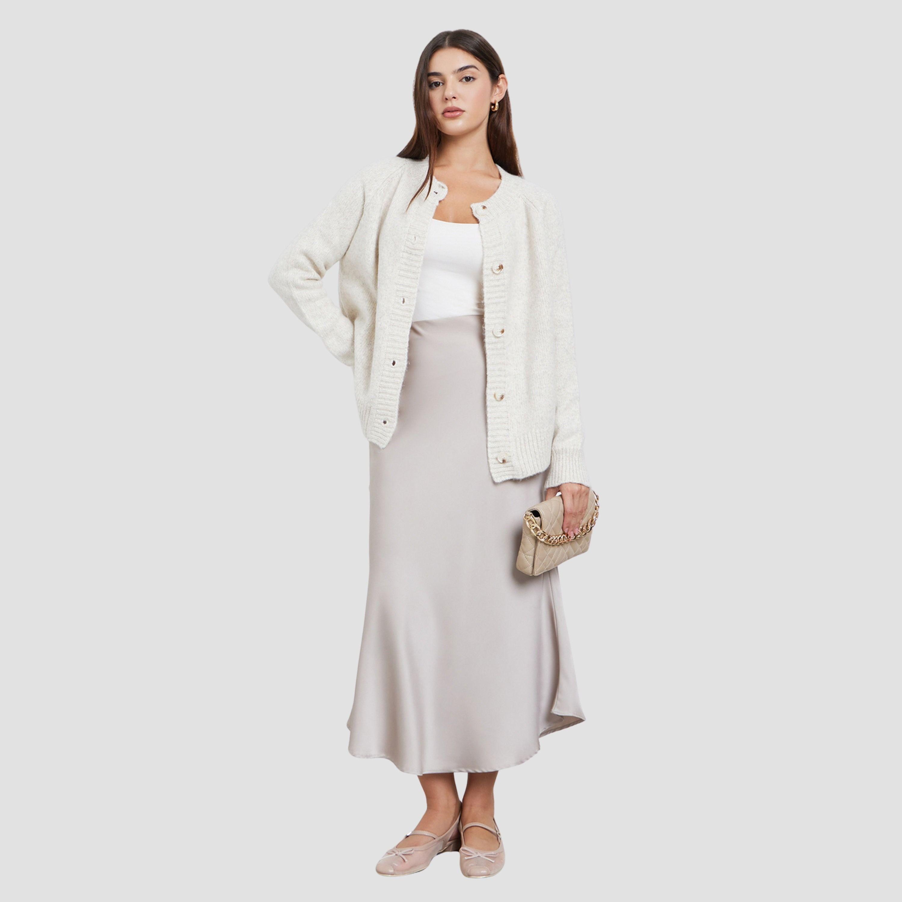 Styli Off White Textured Round Neck Long Sleeves Women's Buttoned Cardigan-women-winterwear-cardigansandjumpers-cardigans-image-2