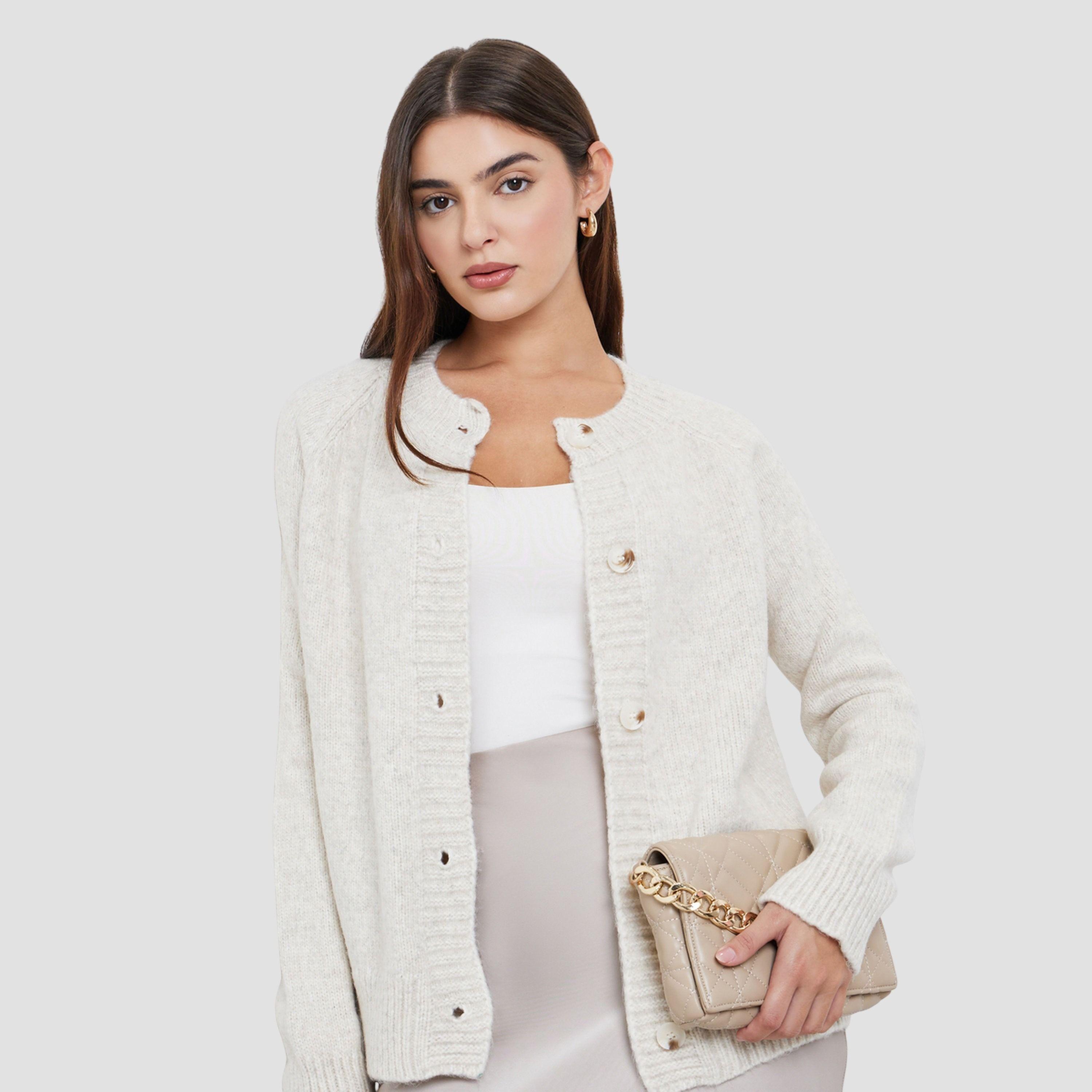 Styli Off White Textured Round Neck Long Sleeves Women's Buttoned Cardigan-women-winterwear-cardigansandjumpers-cardigans-image-3