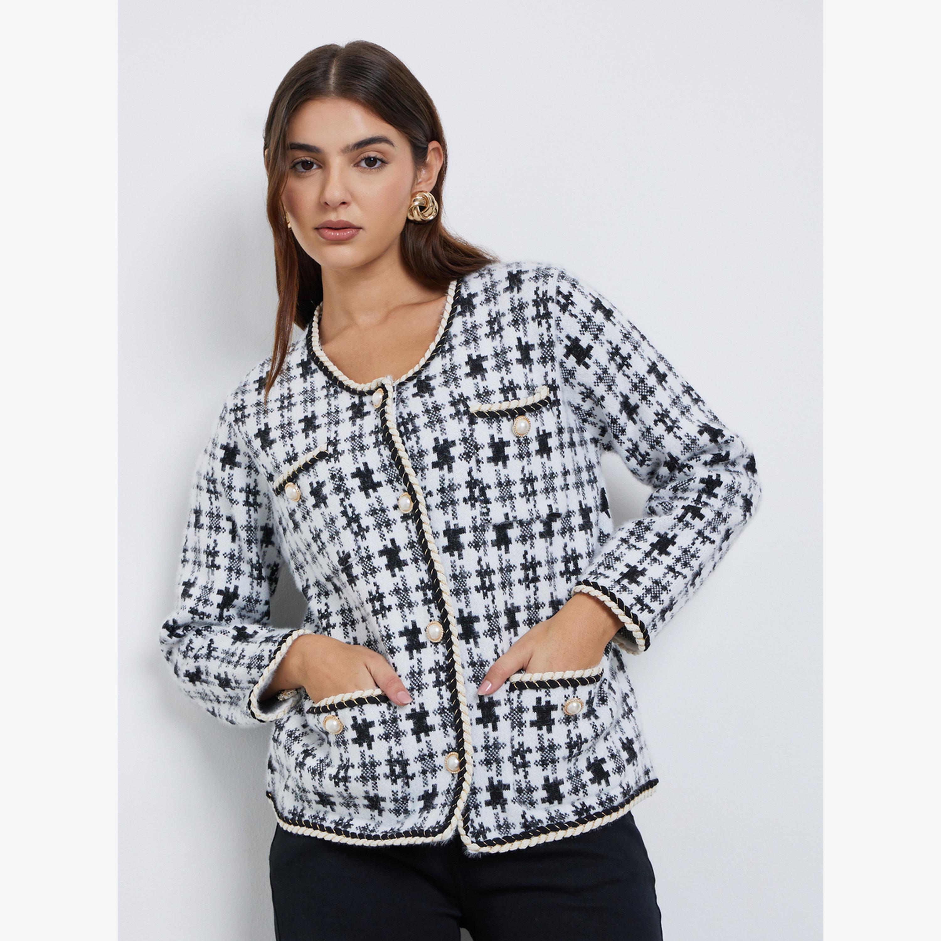 Styli Checked Knitted Round Neck Long Sleeves Women's Open Front Cardigan-women-winterwear-coatsandjackets-jackets-image-1