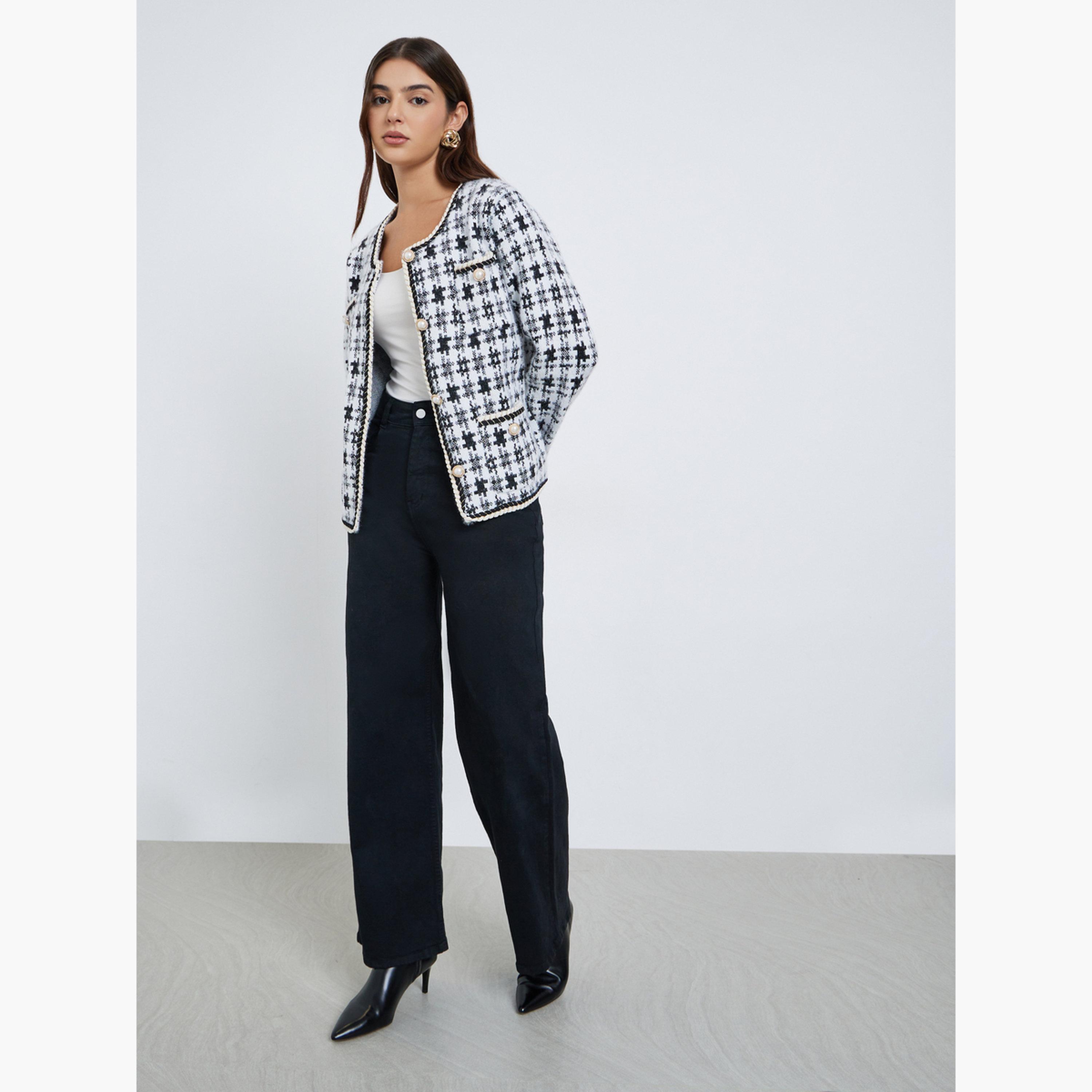 Styli Checked Knitted Round Neck Long Sleeves Women's Open Front Cardigan-women-winterwear-coatsandjackets-jackets-image-2
