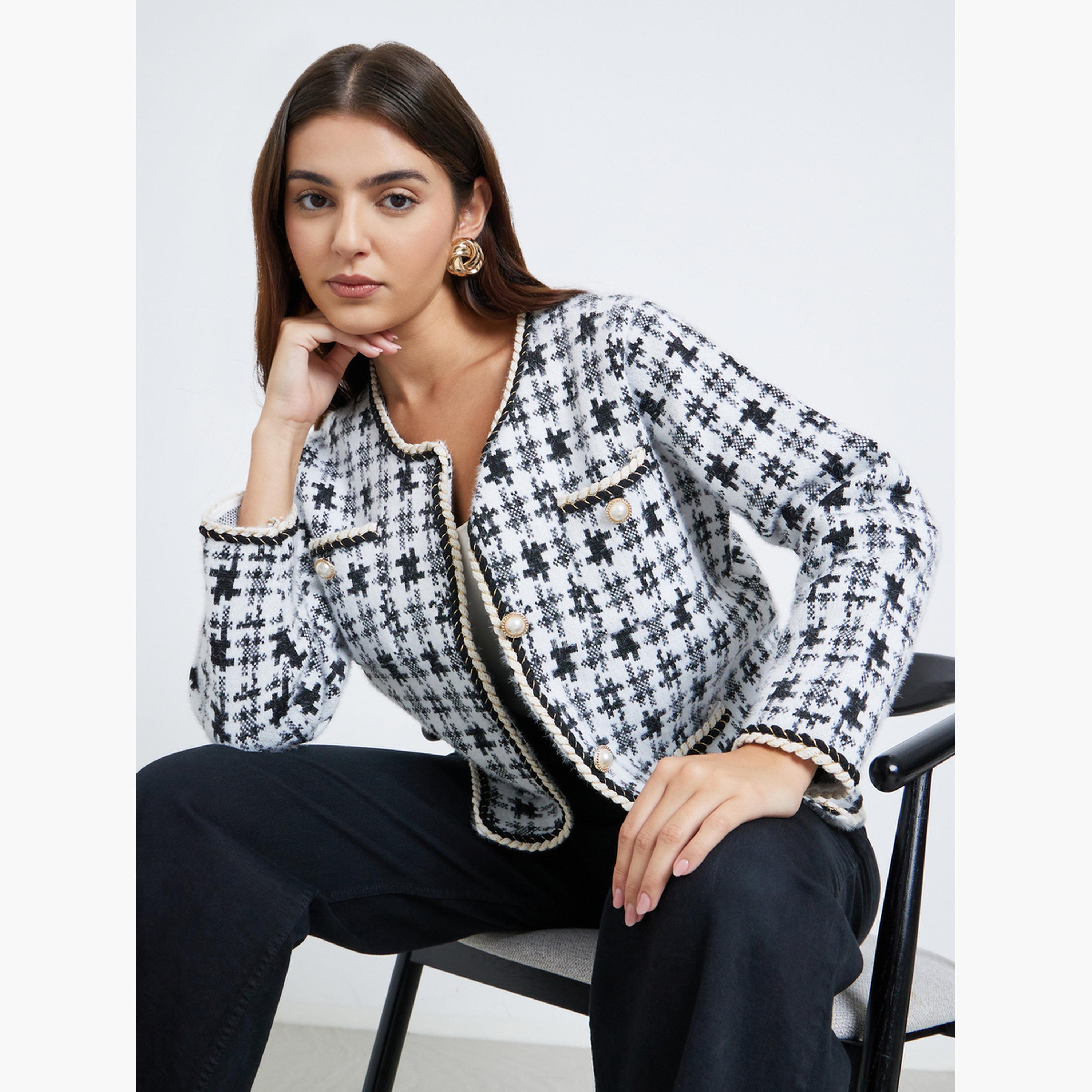 Styli Checked Knitted Round Neck Long Sleeves Women's Open Front Cardigan-women-winterwear-coatsandjackets-jackets-image-3