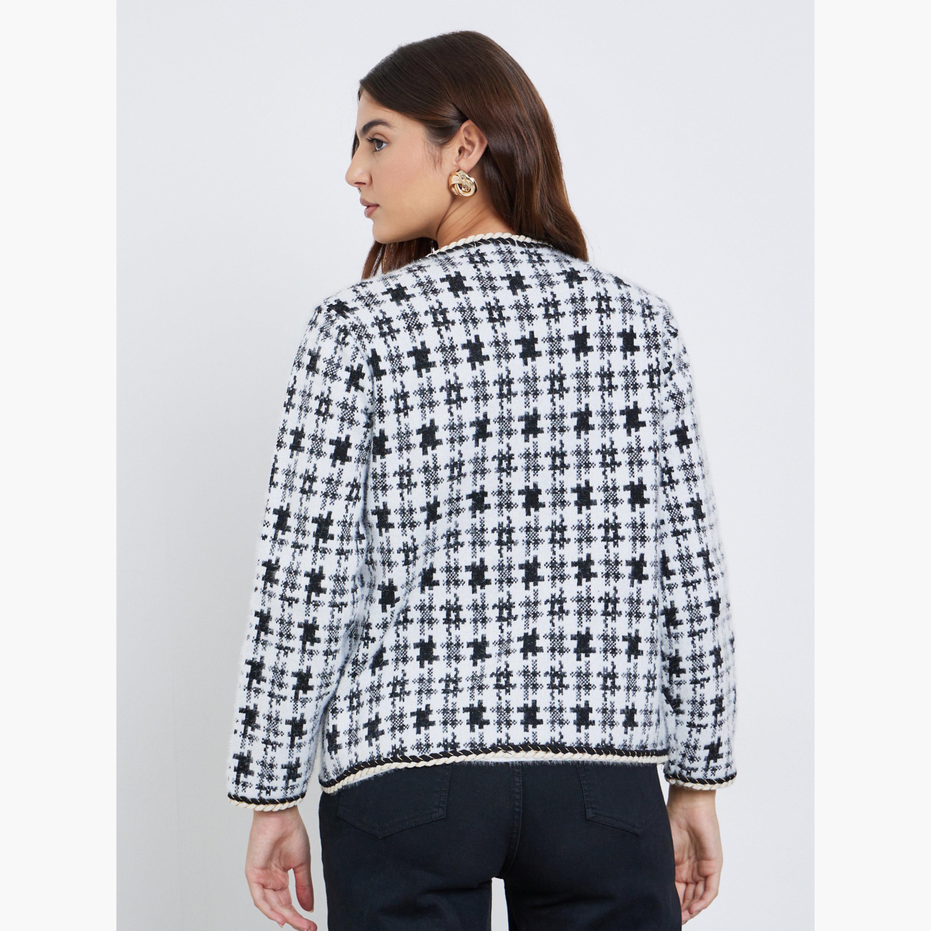 Styli Checked Knitted Round Neck Long Sleeves Women's Open Front Cardigan-women-winterwear-coatsandjackets-jackets-image-4