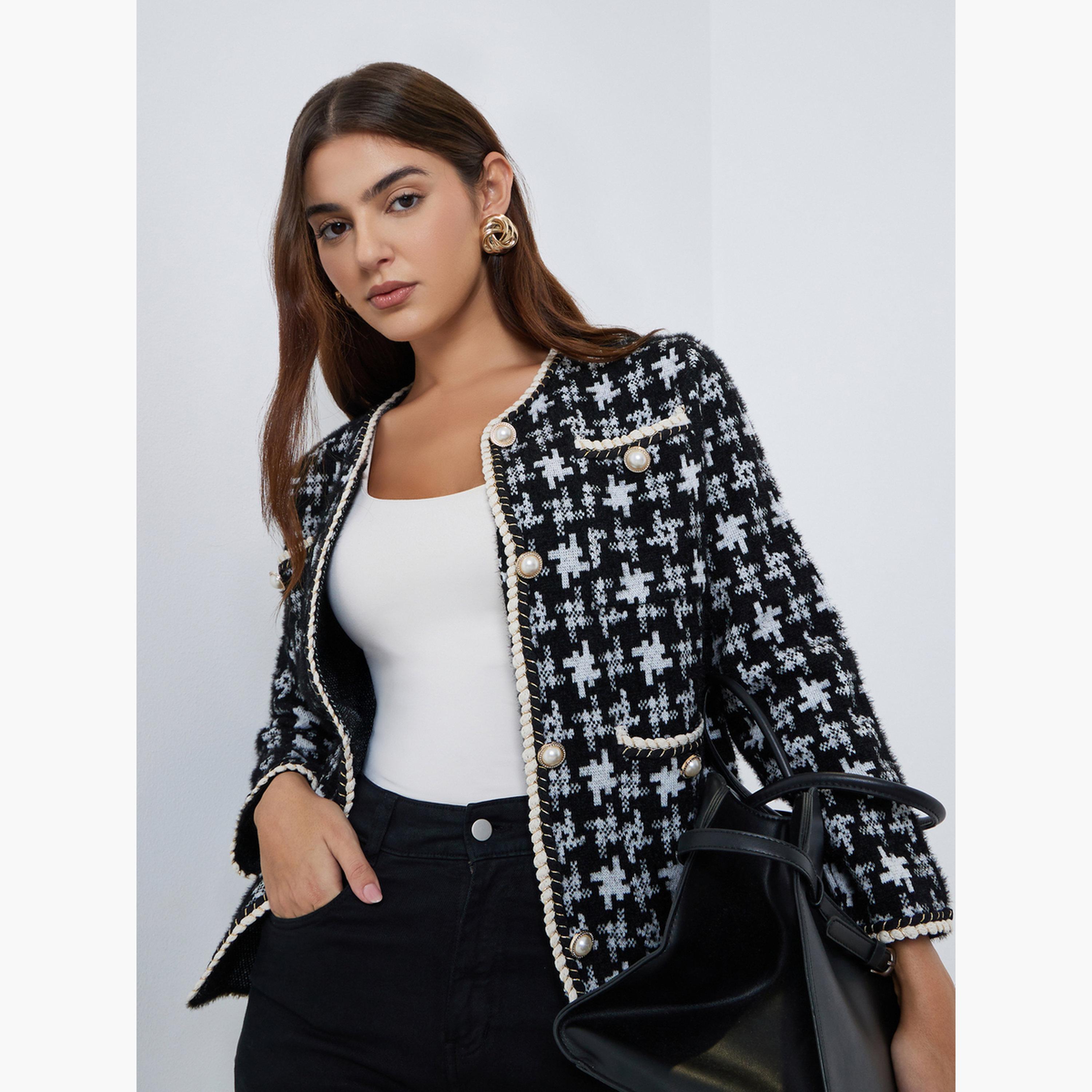 Styli Checked Knitted Round Neck Long Sleeves Women's Open Front Cardigan-women-winterwear-coatsandjackets-jackets-image-1