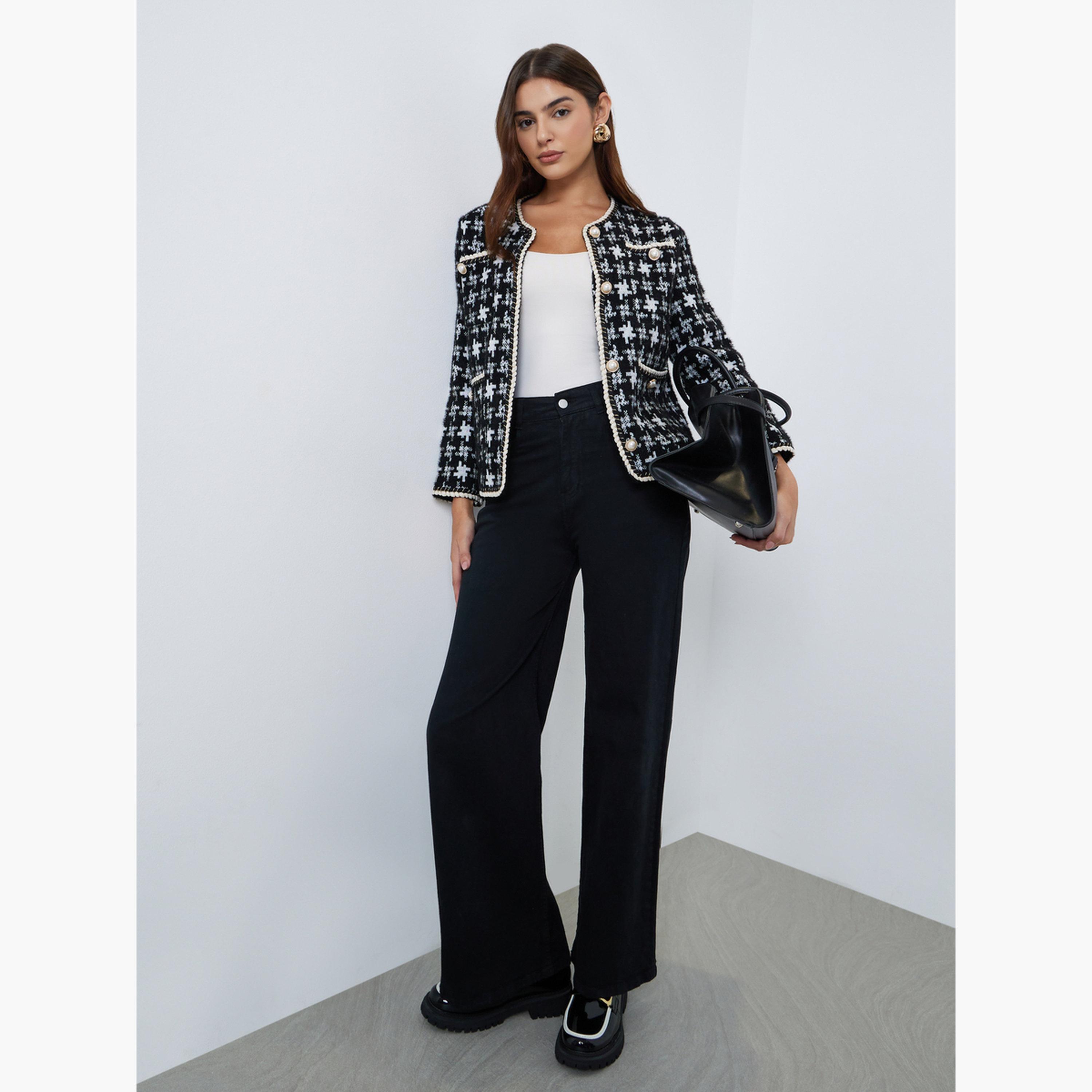 Styli Checked Knitted Round Neck Long Sleeves Women's Open Front Cardigan-women-winterwear-coatsandjackets-jackets-image-2