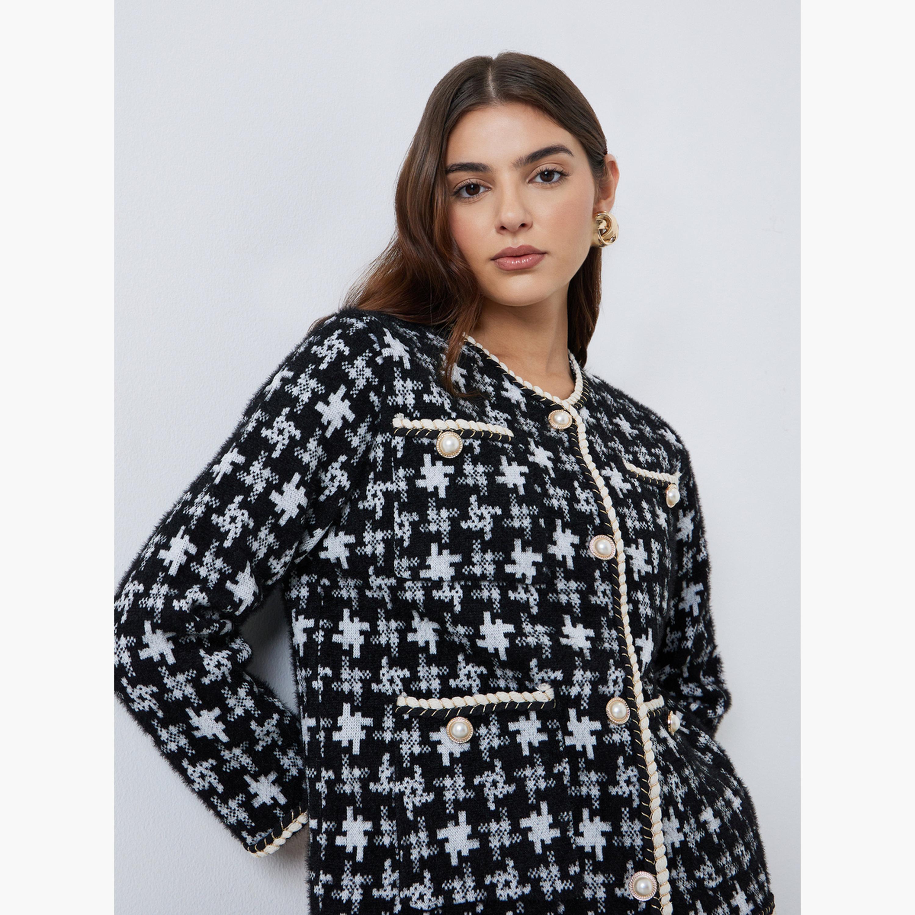Styli Checked Knitted Round Neck Long Sleeves Women's Open Front Cardigan-women-winterwear-coatsandjackets-jackets-image-3