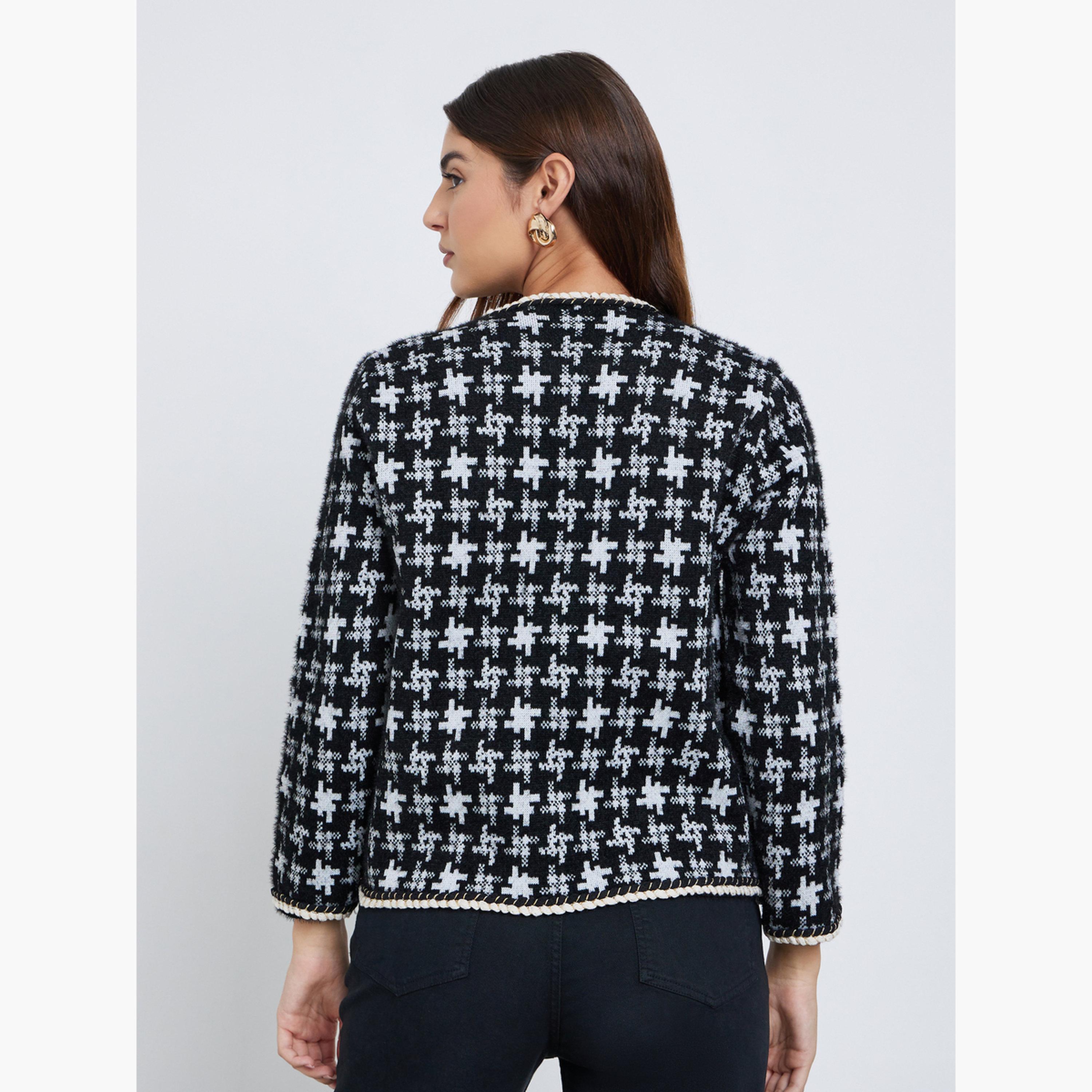 Styli Checked Knitted Round Neck Long Sleeves Women's Open Front Cardigan-women-winterwear-coatsandjackets-jackets-image-4