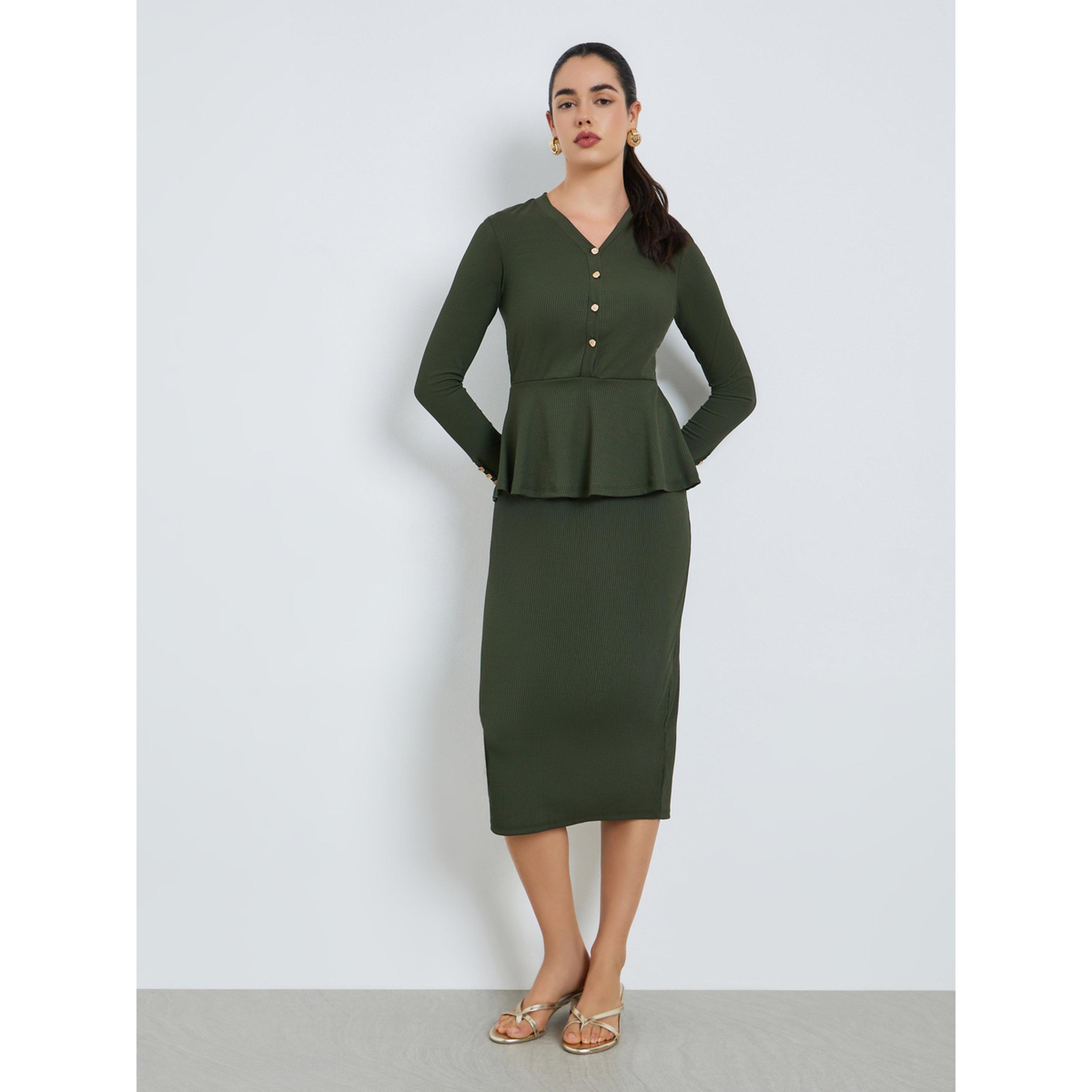 Styli Women Olive Golden Buttons Sheath Midi Dress-women-clothing-dresses-image-1