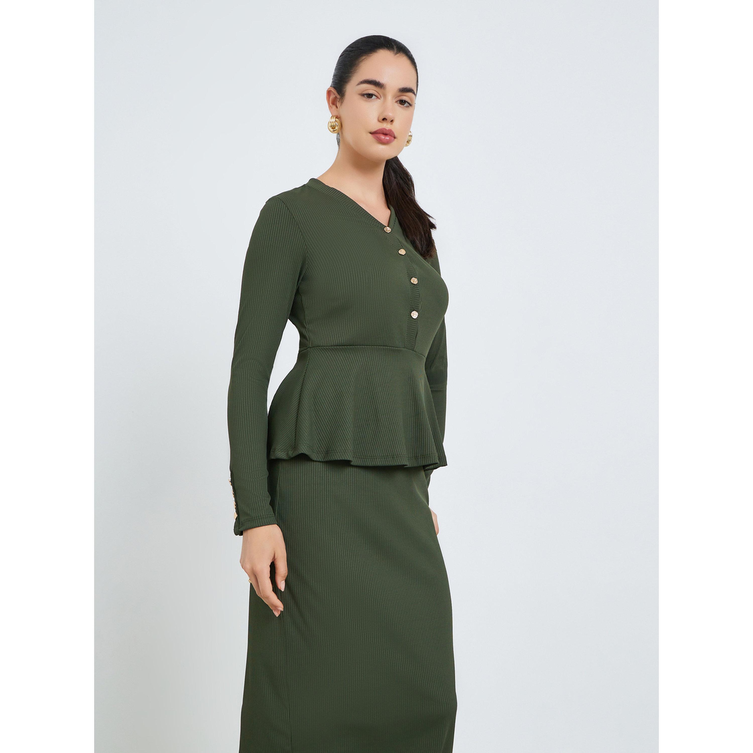 Styli Women Olive Golden Buttons Sheath Midi Dress-women-clothing-dresses-image-2