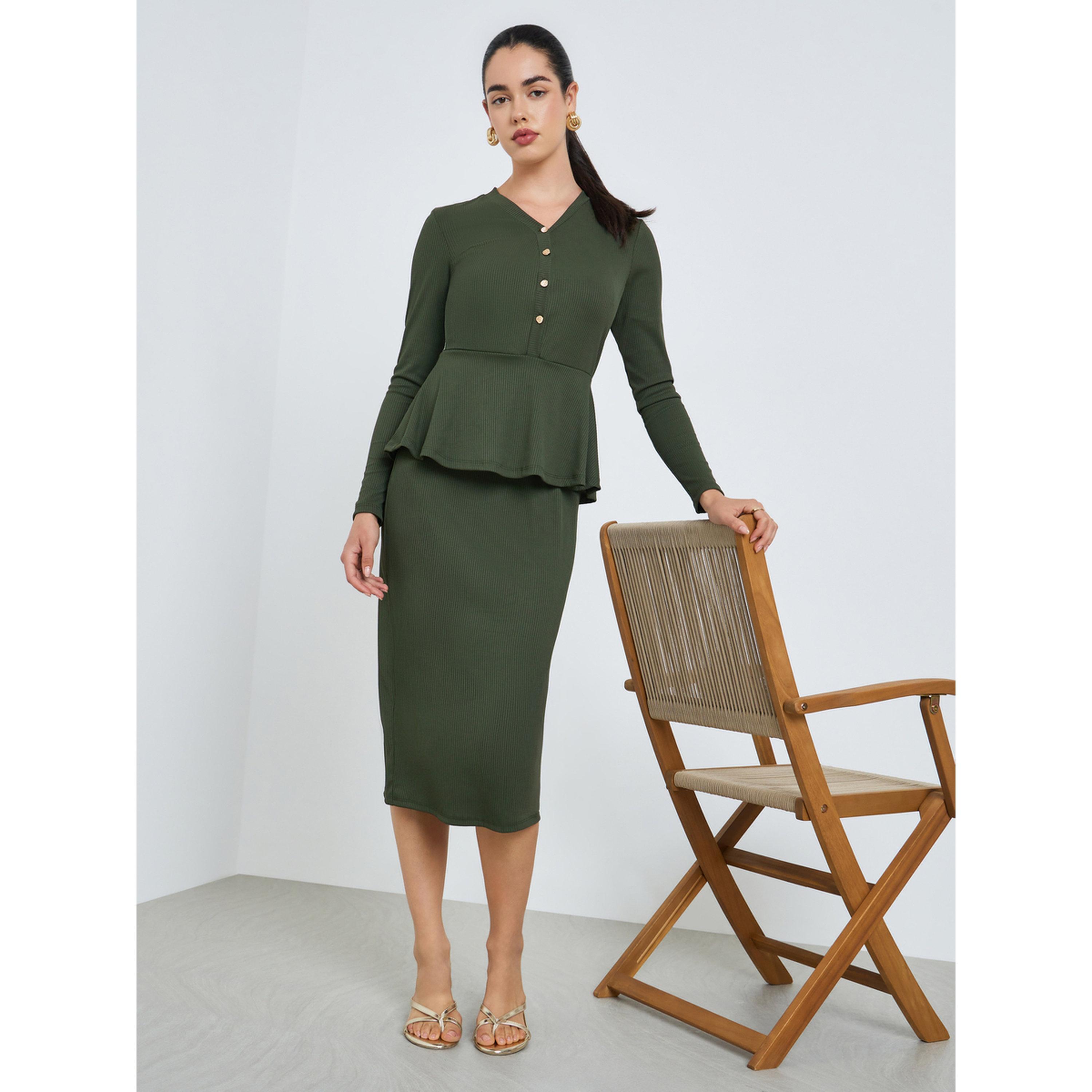 Styli Women Olive Golden Buttons Sheath Midi Dress-women-clothing-dresses-image-3