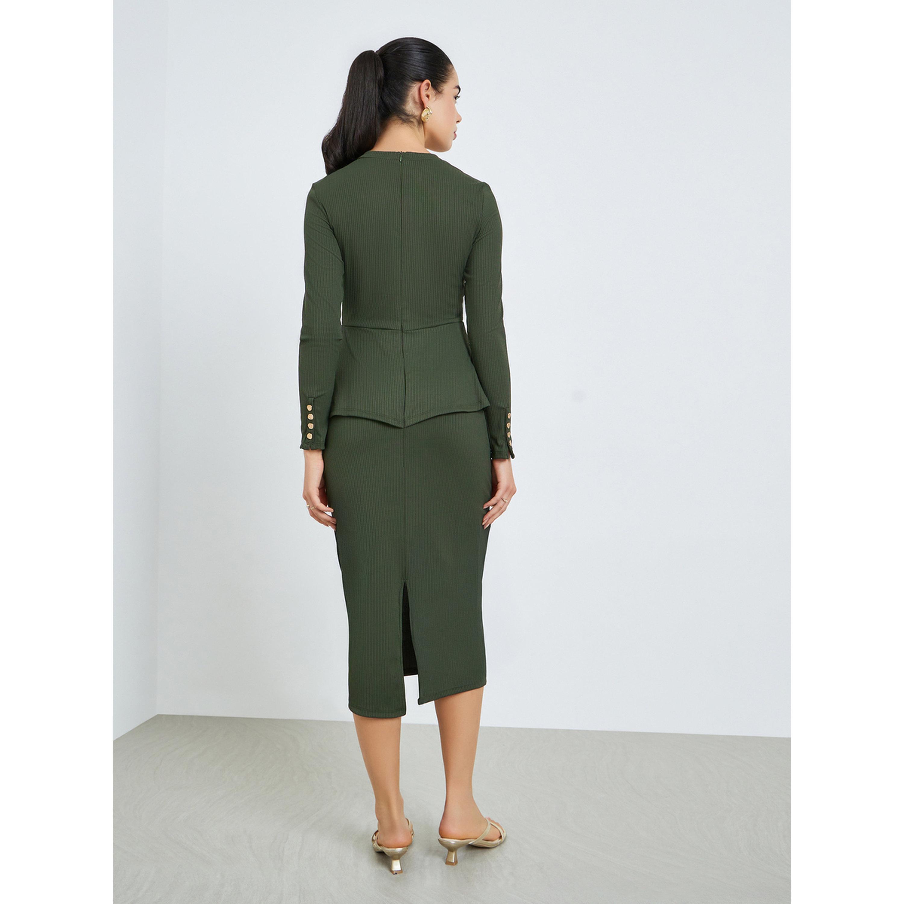 فستان ميدي زيتي بأزرار ذهبية وقصة ضيقة-women-clothing-dresses-image-4