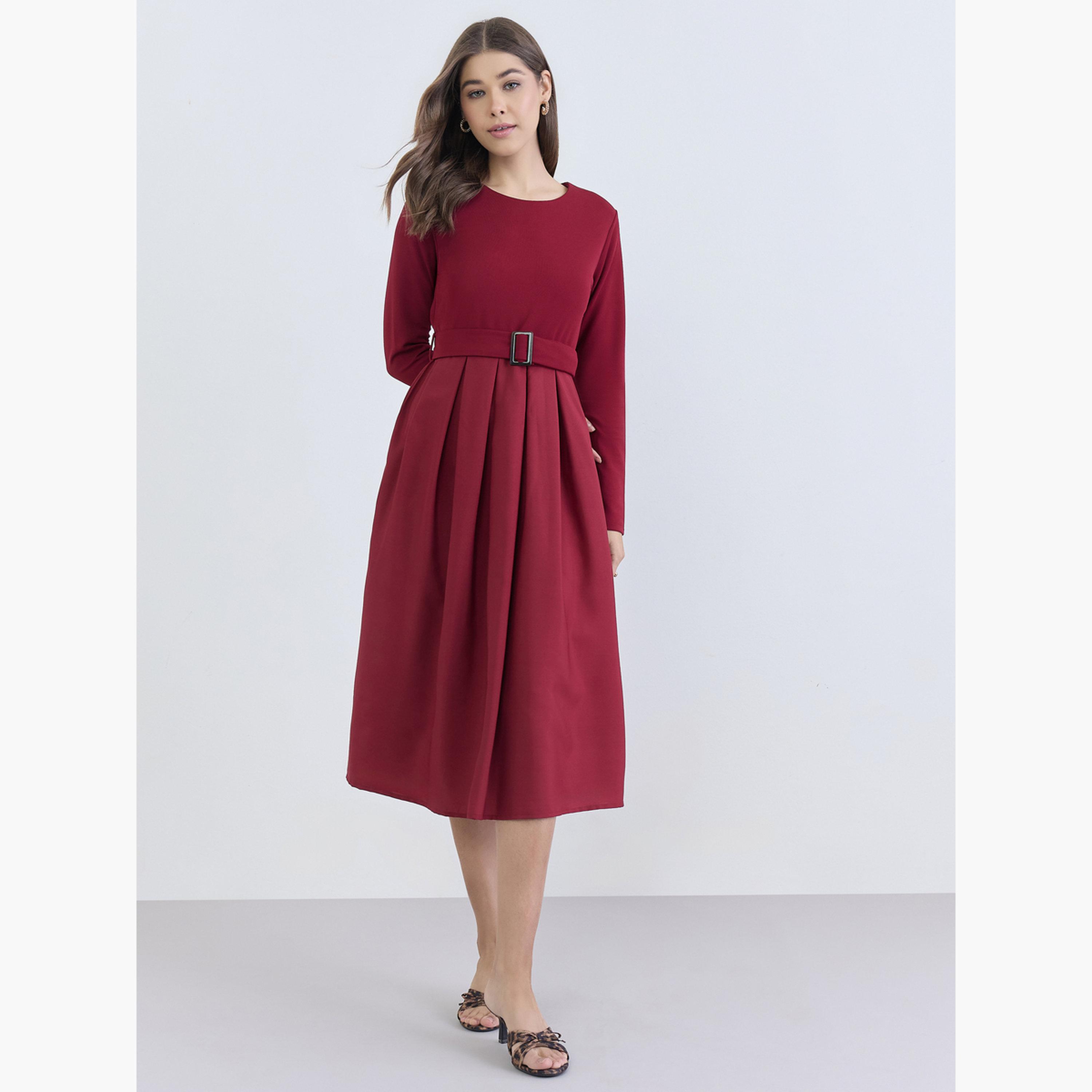 Styli Women Maroon Belted A-Line Midi Dress-women-clothing-dresses-image-1