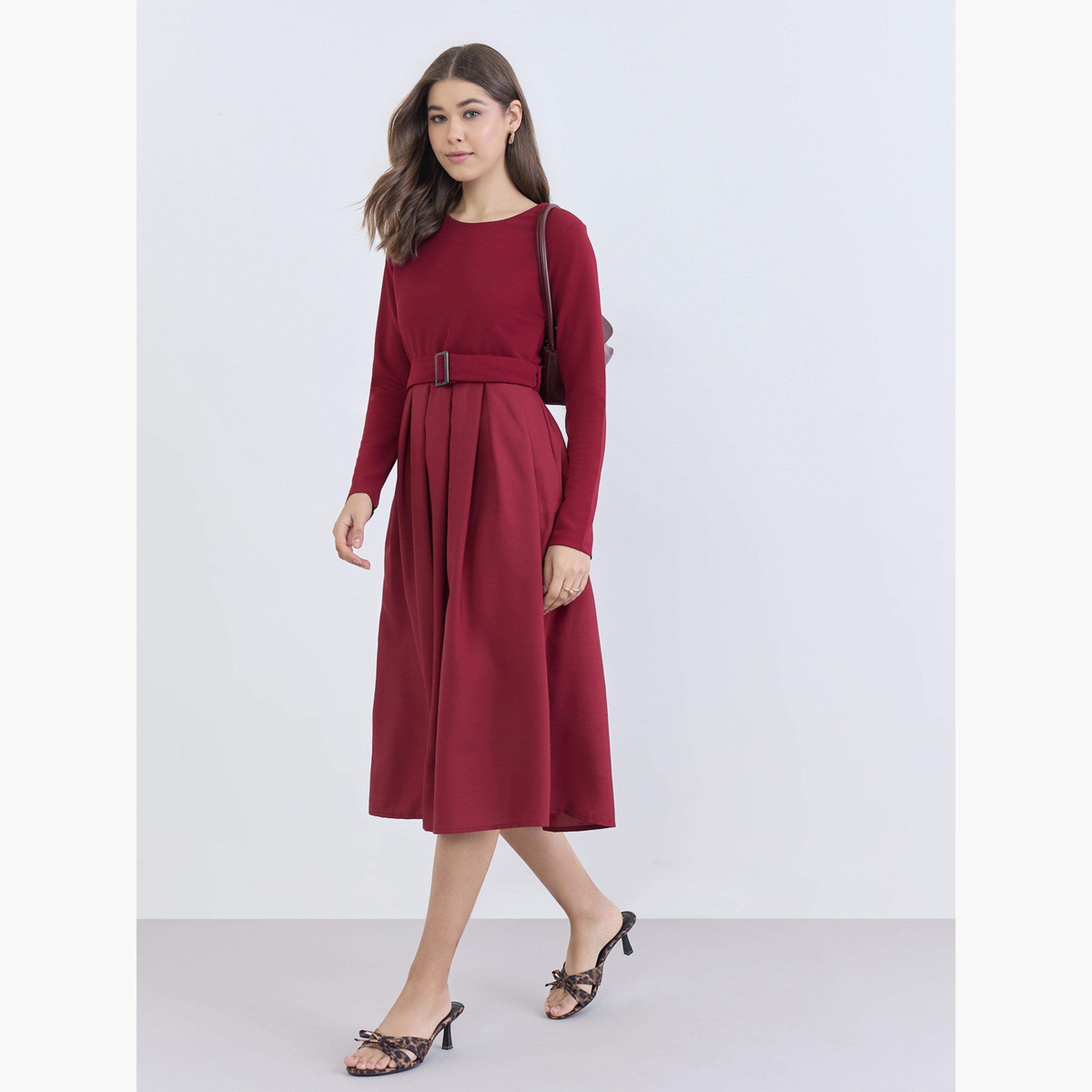 Styli Women Maroon Belted A-Line Midi Dress-women-clothing-dresses-image-2
