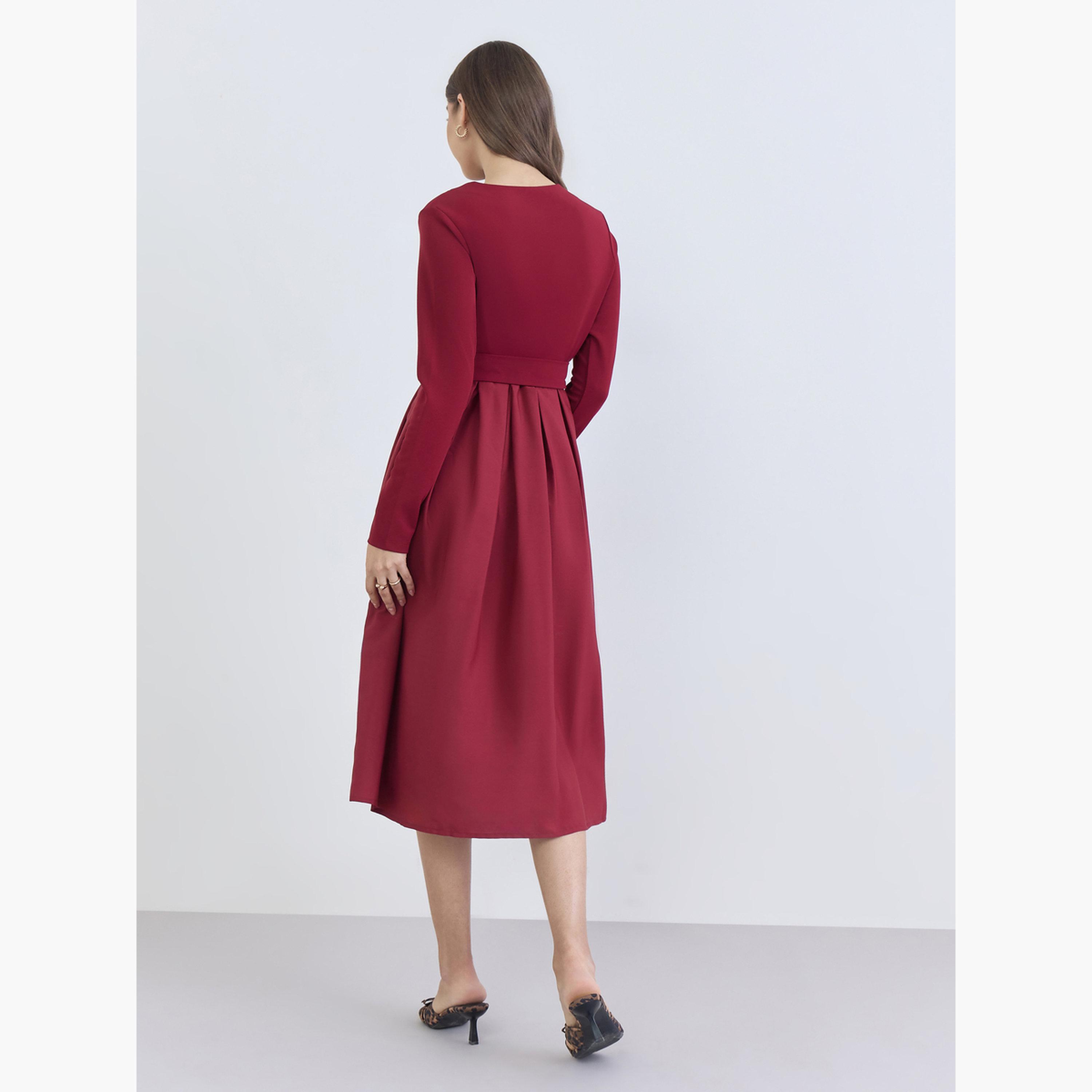 Styli Women Maroon Belted A-Line Midi Dress-women-clothing-dresses-image-3