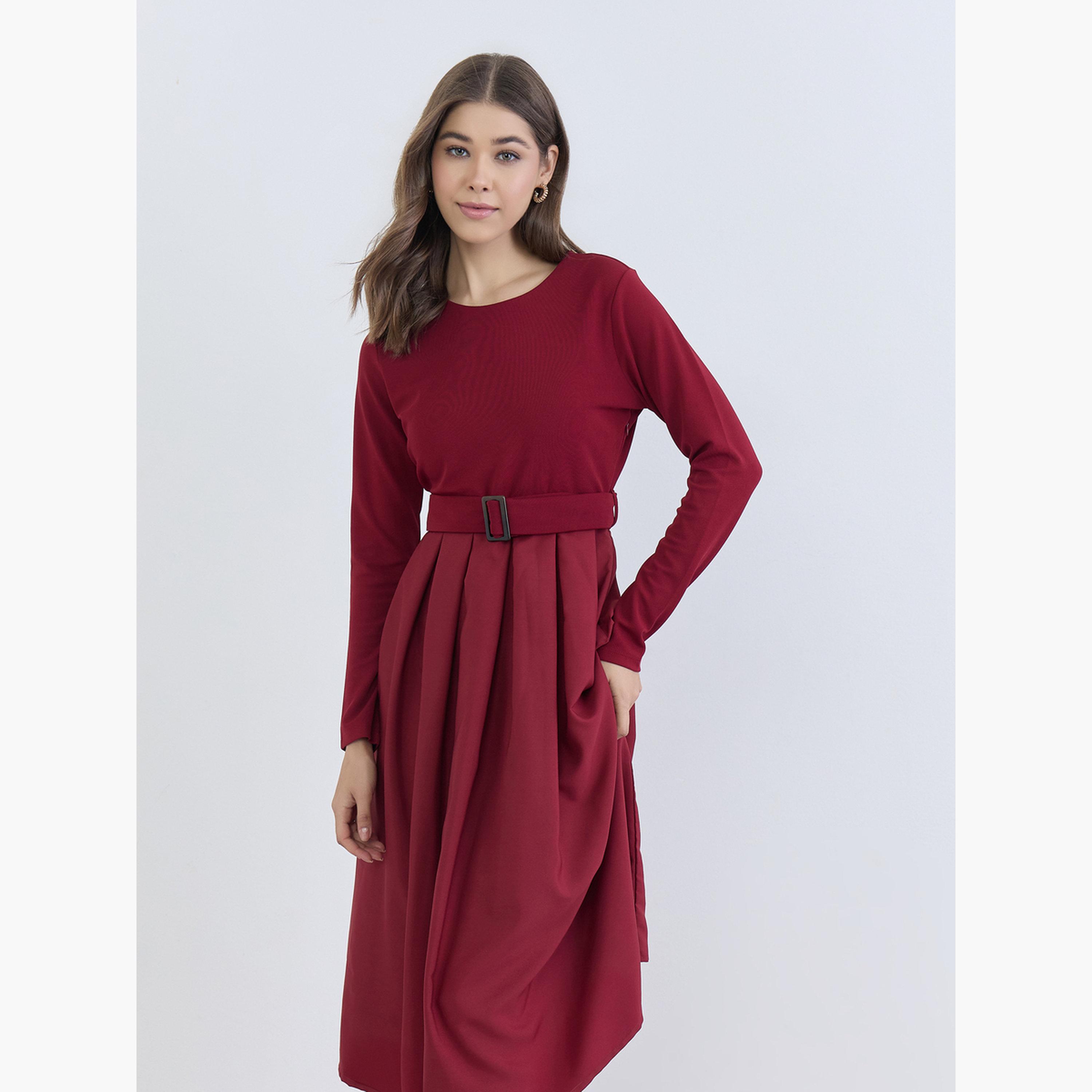Styli Women Maroon Belted A-Line Midi Dress-women-clothing-dresses-image-4