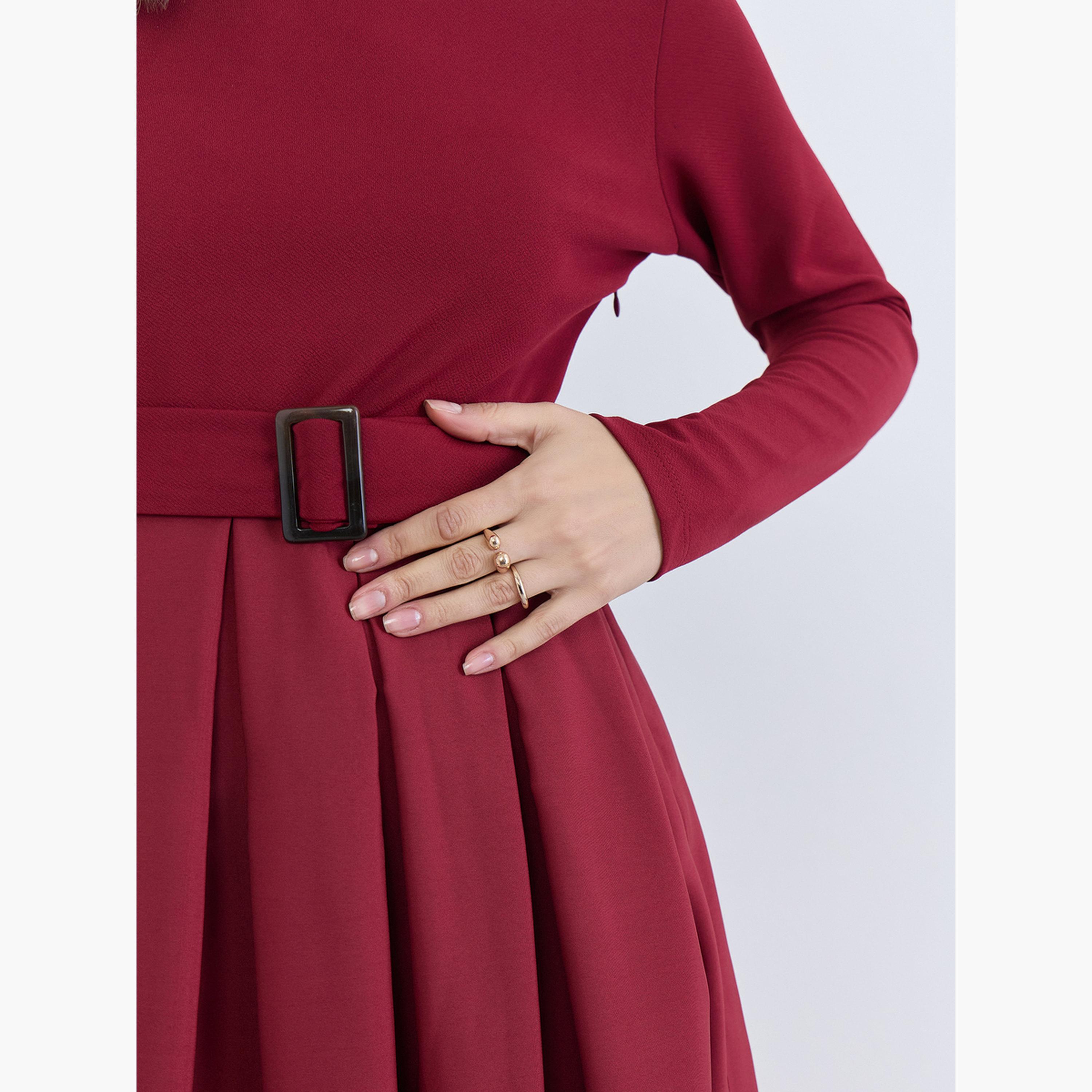 Styli Women Maroon Belted A-Line Midi Dress-women-clothing-dresses-image-5