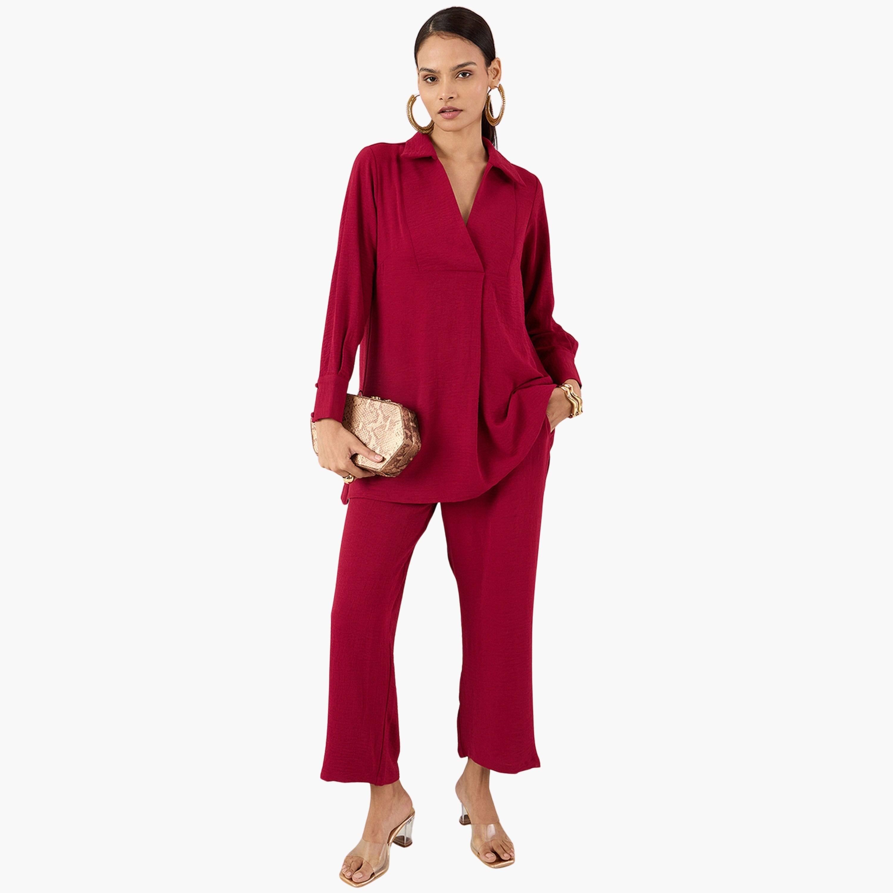 Femmella Maroon Open Collar Shirt and Trousers Co-ords-women-clothing-coordsets-image-1