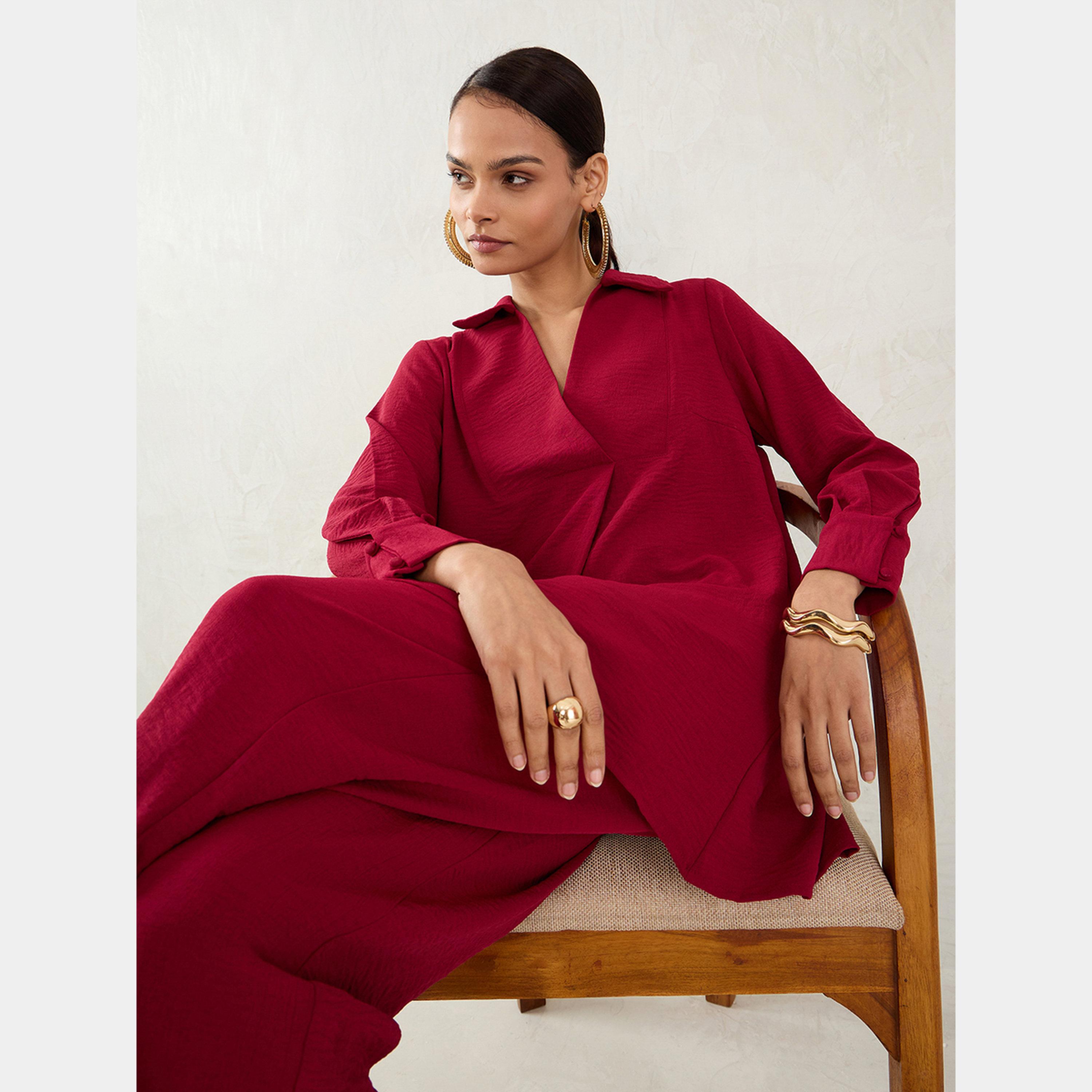 Femmella Maroon Open Collar Shirt and Trousers Co-ords-women-clothing-coordsets-image-2