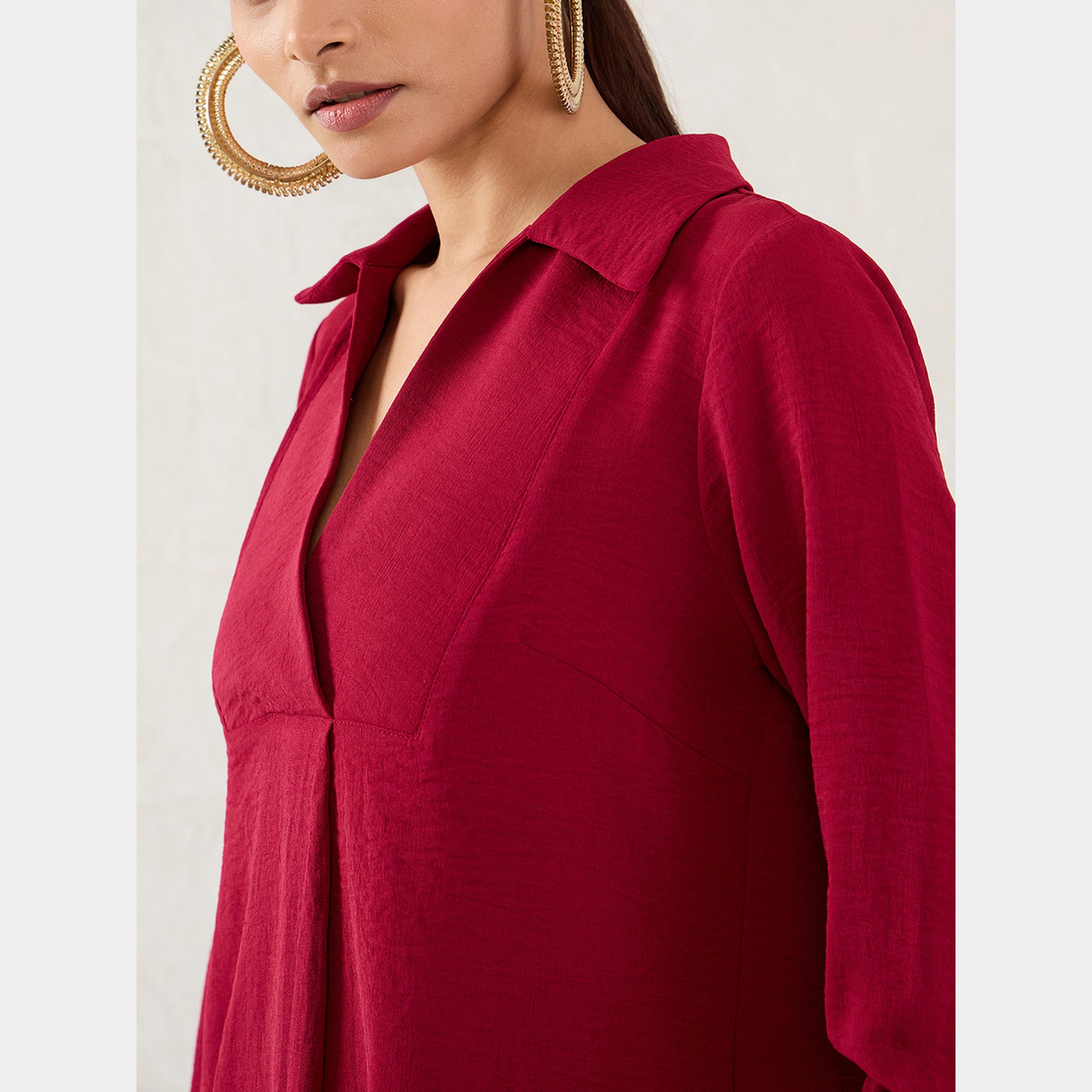 Femmella Maroon Open Collar Shirt and Trousers Co-ords-women-clothing-coordsets-image-3
