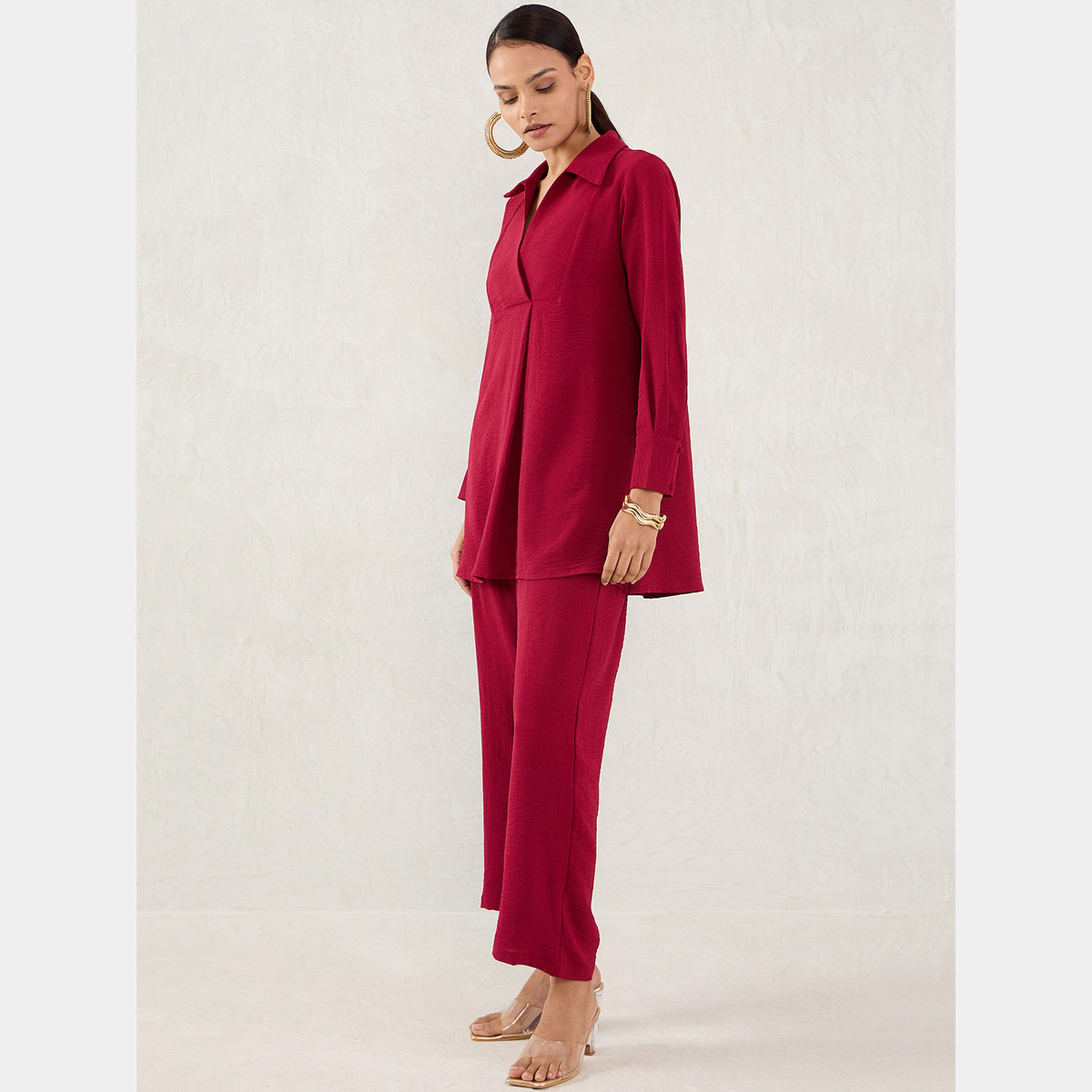 Femmella Maroon Open Collar Shirt and Trousers Co-ords-women-clothing-coordsets-image-5