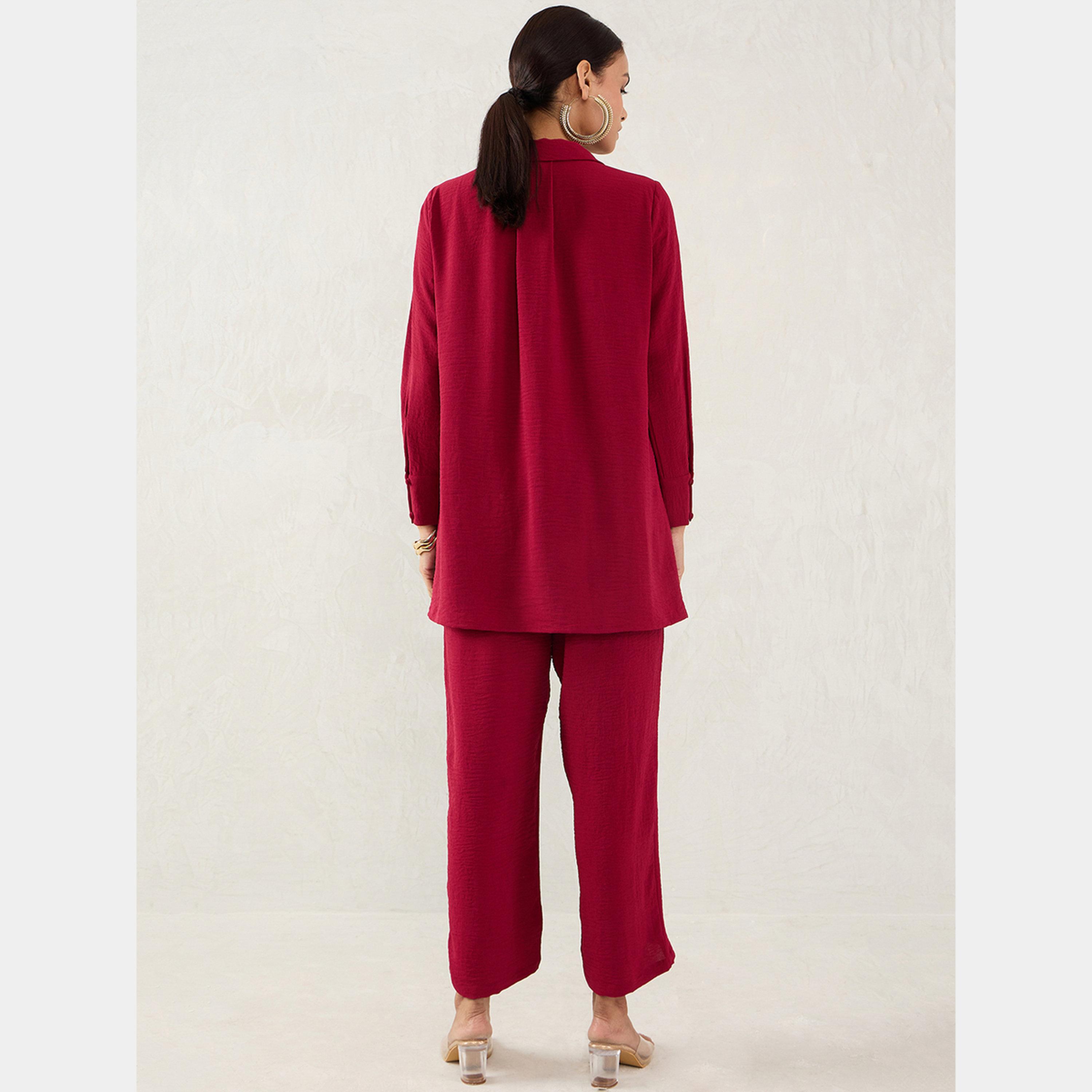 Femmella Maroon Open Collar Shirt and Trousers Co-ords-women-clothing-coordsets-image-6