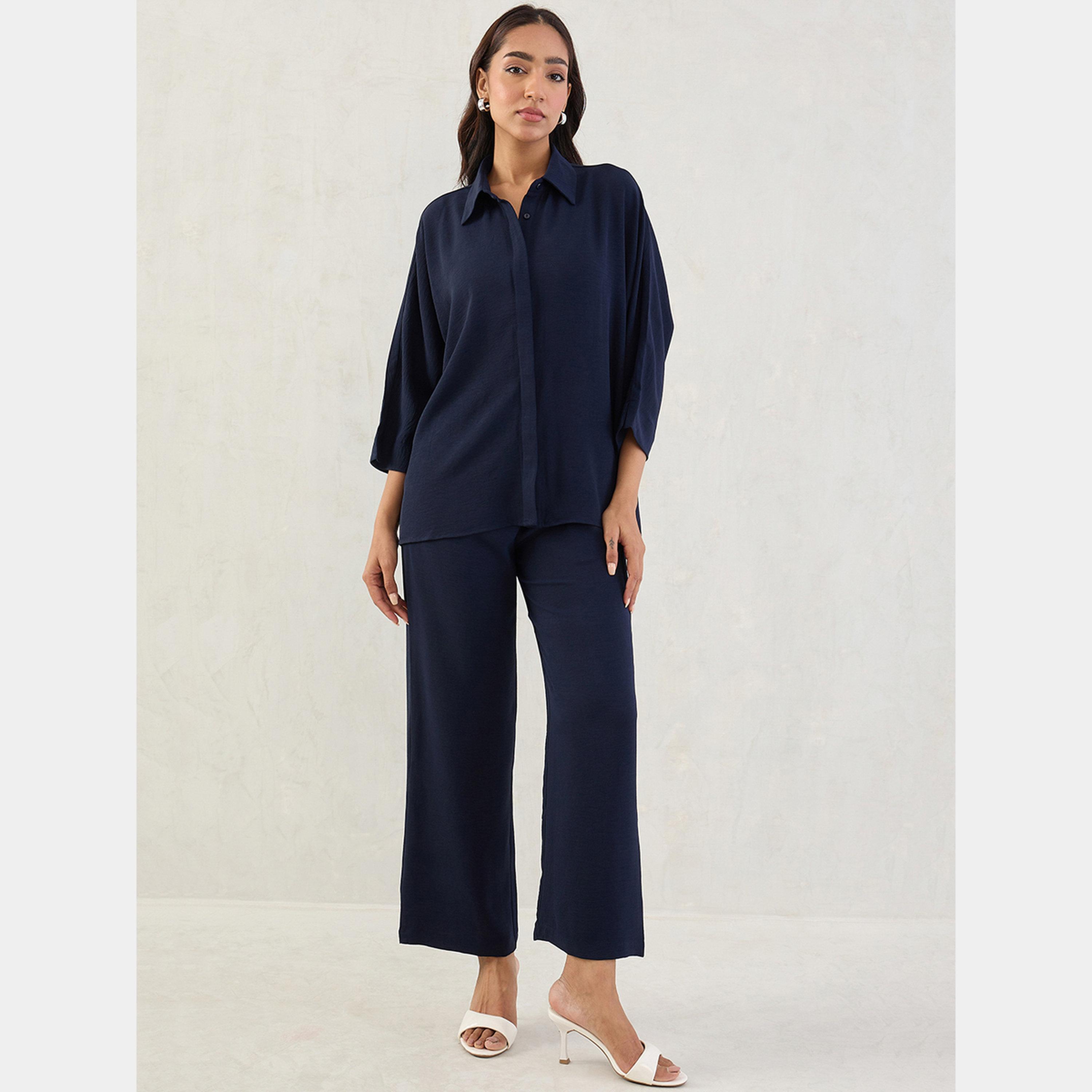 Femmella Navy Kimono Sleeve Shirt and Trousers Co-Ords-women-clothing-coordsets-image-1
