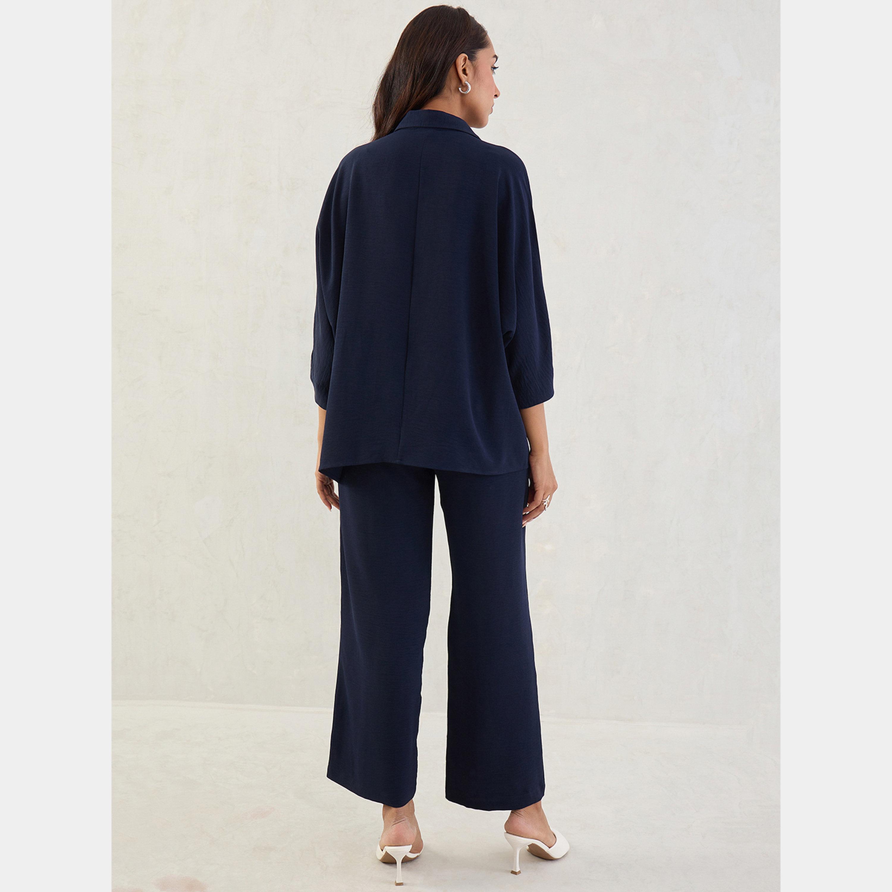 فيميلا - قميص بأكمام كيمونو وبنطال لون أزرق كحلي-women-clothing-coordsets-image-2