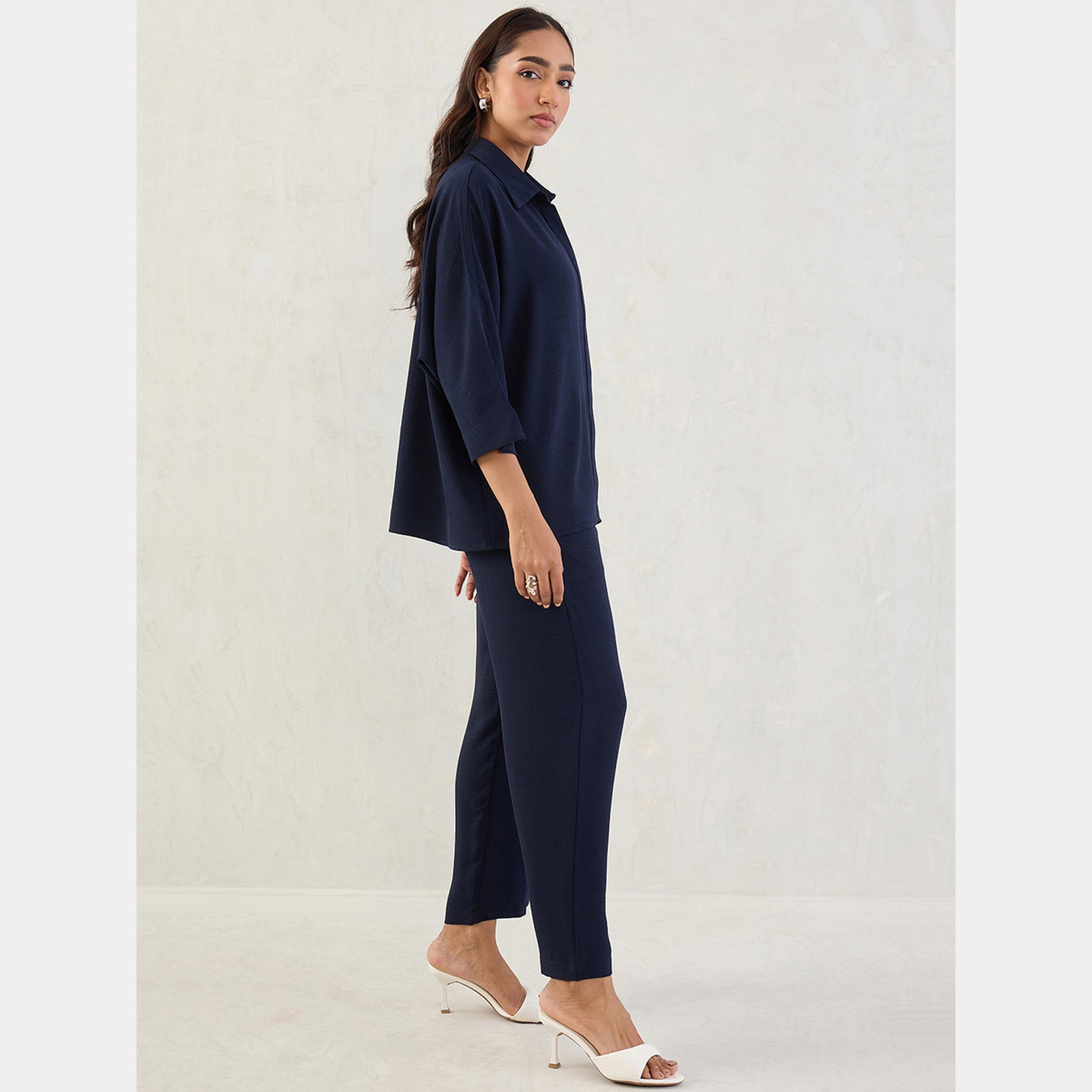 فيميلا - قميص بأكمام كيمونو وبنطال لون أزرق كحلي-women-clothing-coordsets-image-3